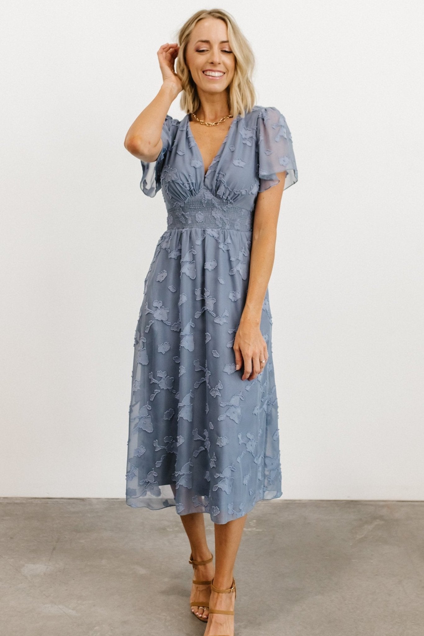 Floral Smocked Midi Dress with V-Neck & Keyhole Back | Baltic Born