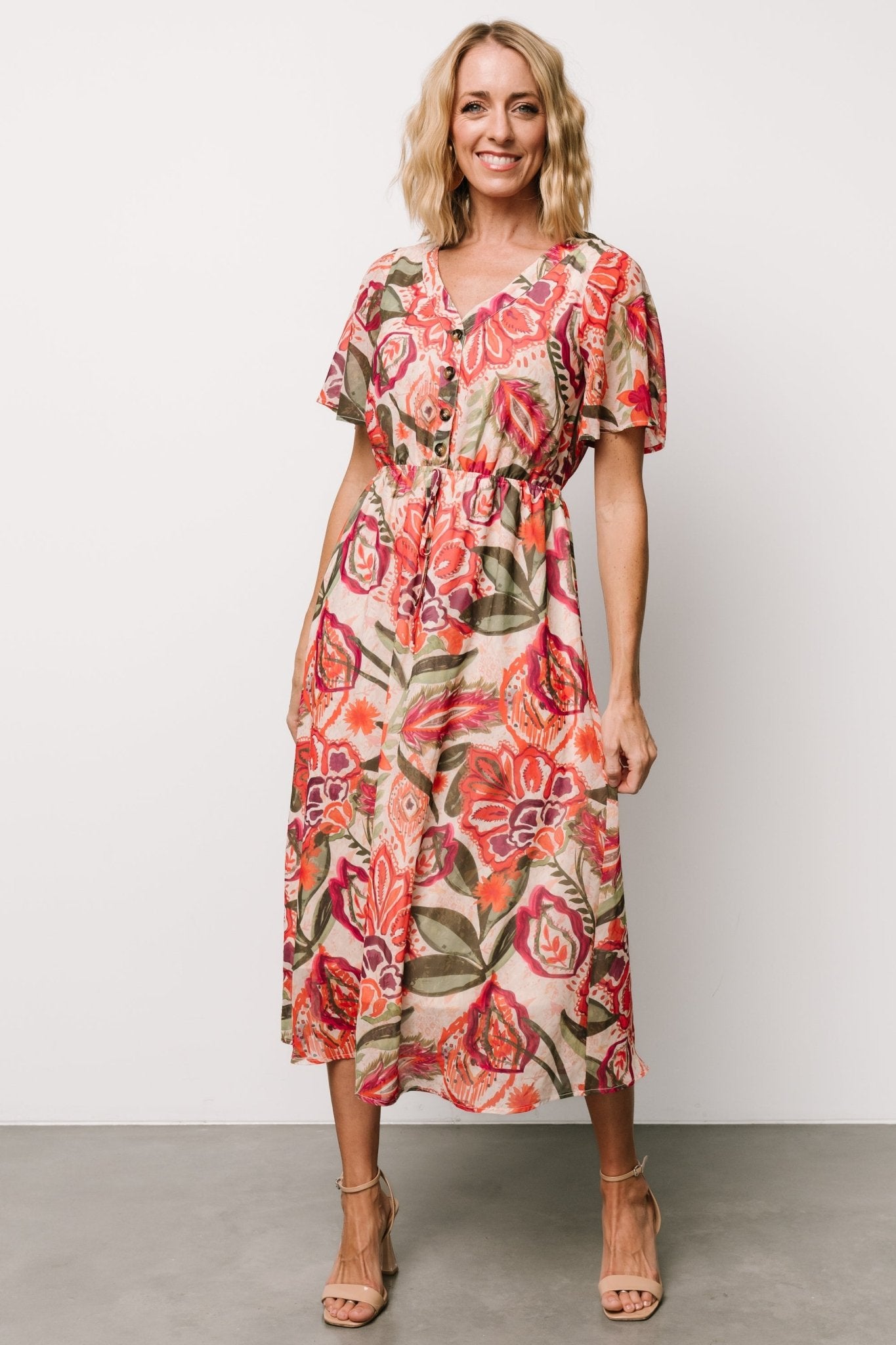 Floral Print Chiffon Midi Dress with V-Neck & Tie Waist | Junie