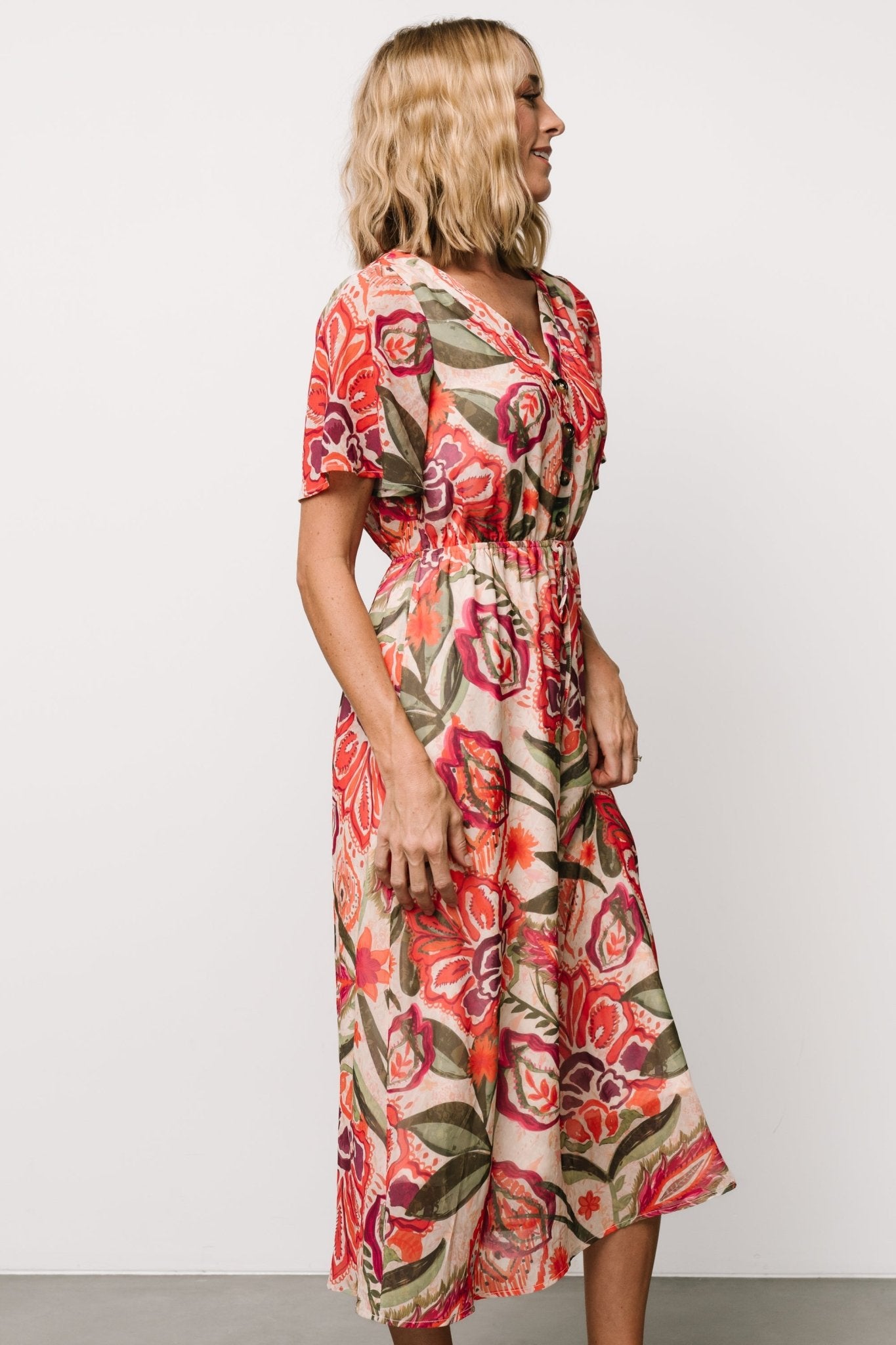Floral Print Chiffon Midi Dress with V-Neck & Tie Waist | Junie