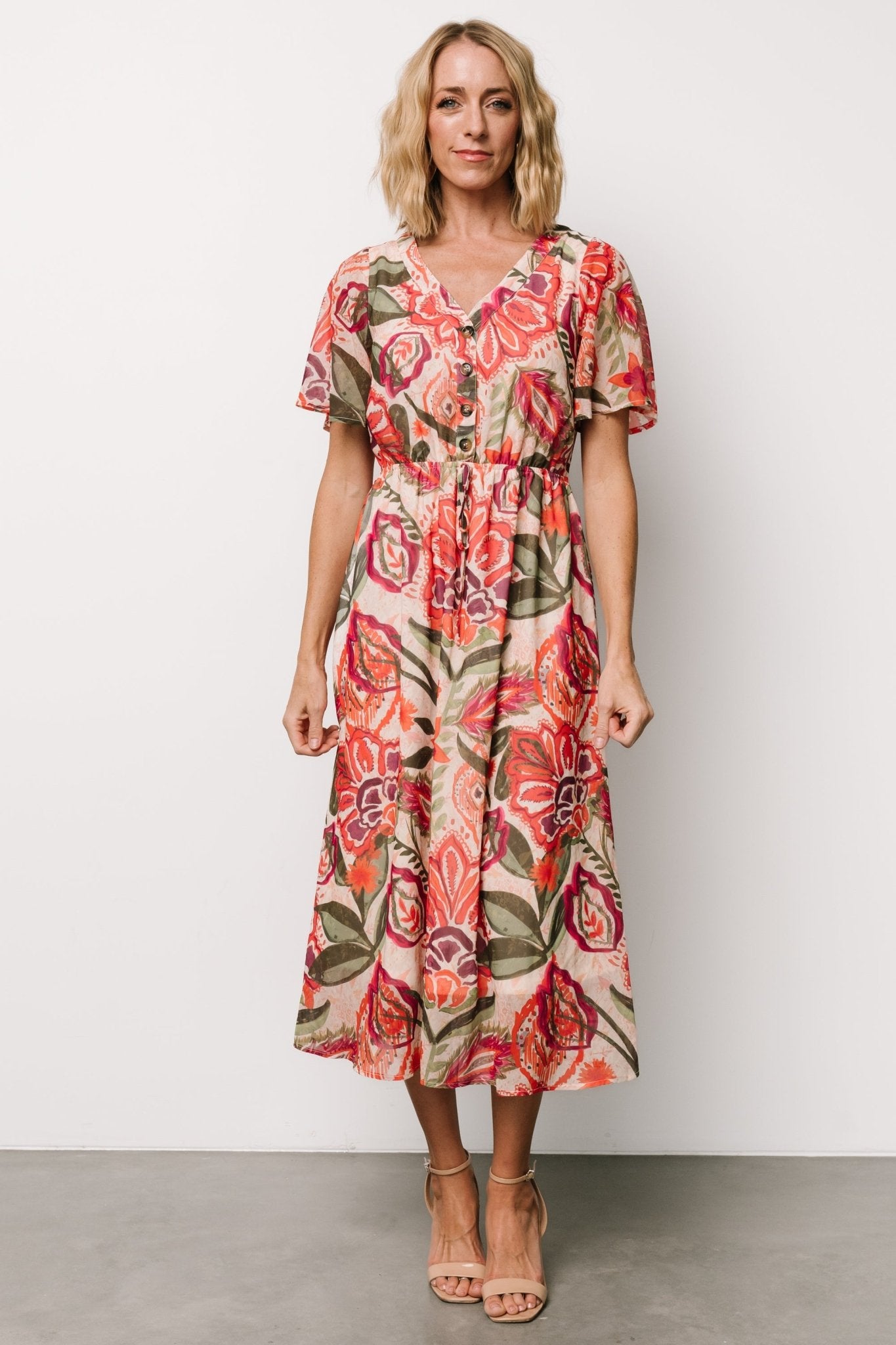 Floral Print Chiffon Midi Dress with V-Neck & Tie Waist | Junie
