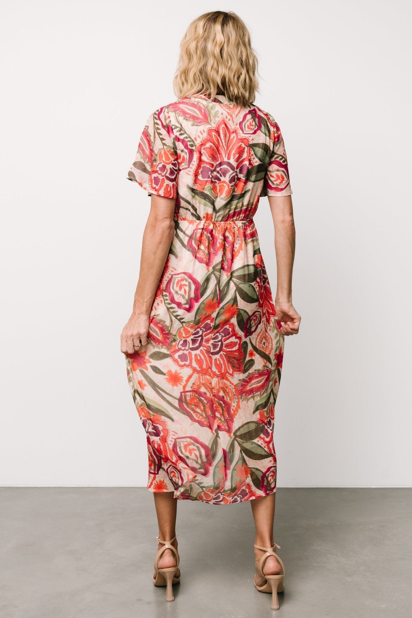 Floral Print Chiffon Midi Dress with V-Neck & Tie Waist | Junie