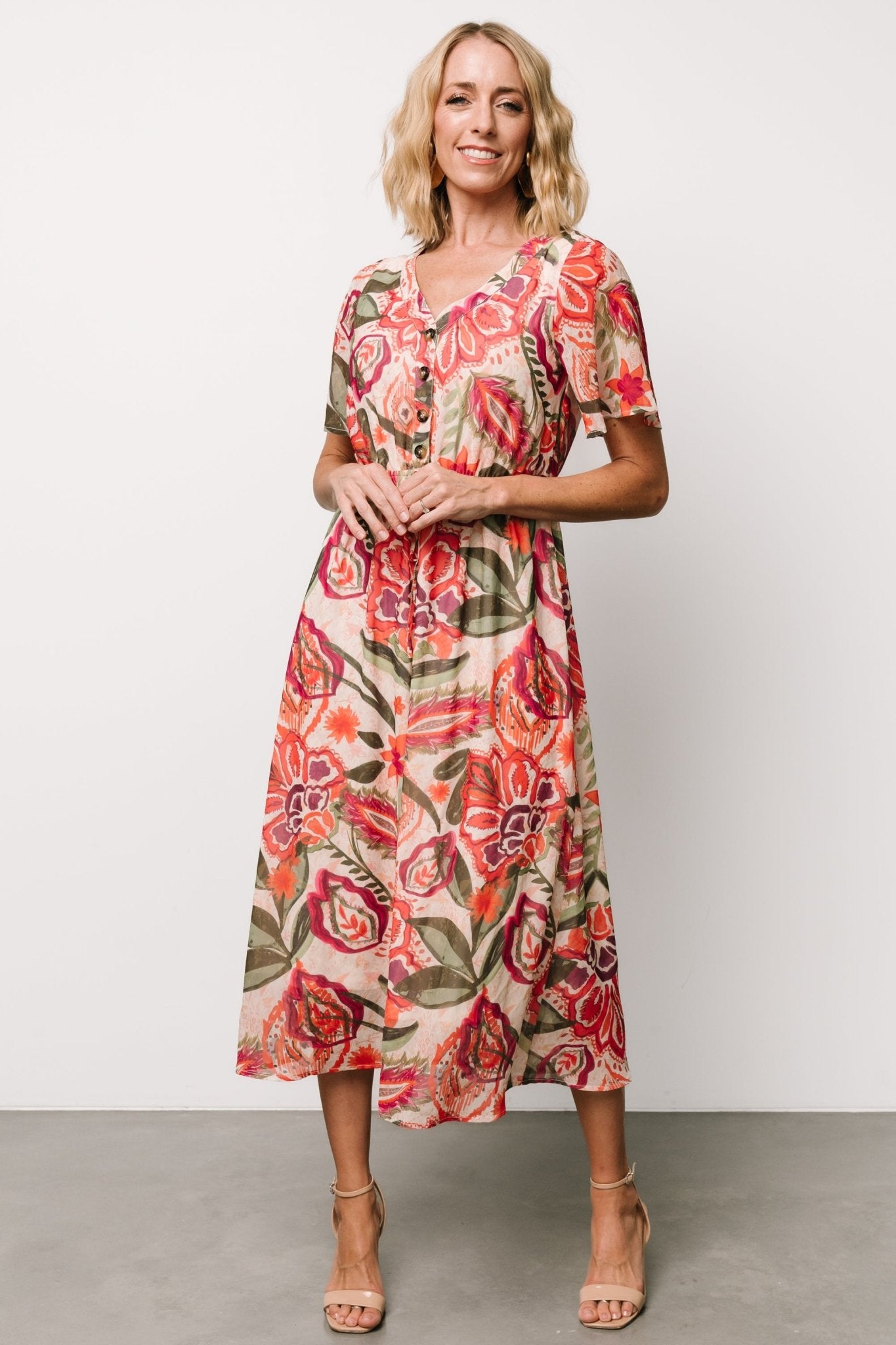 Floral Print Chiffon Midi Dress with V-Neck & Tie Waist | Junie