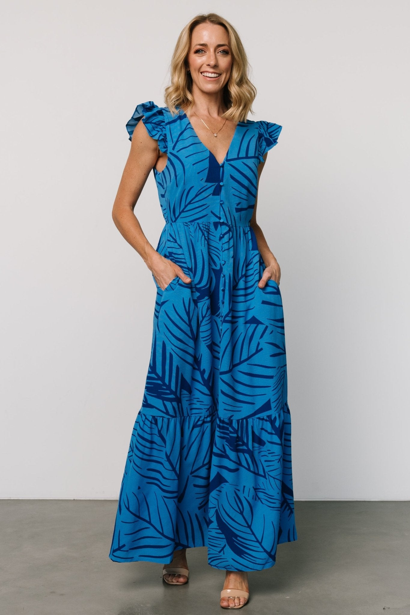 Flowy Button Maxi Dress with Pockets | Blue Botanical Print