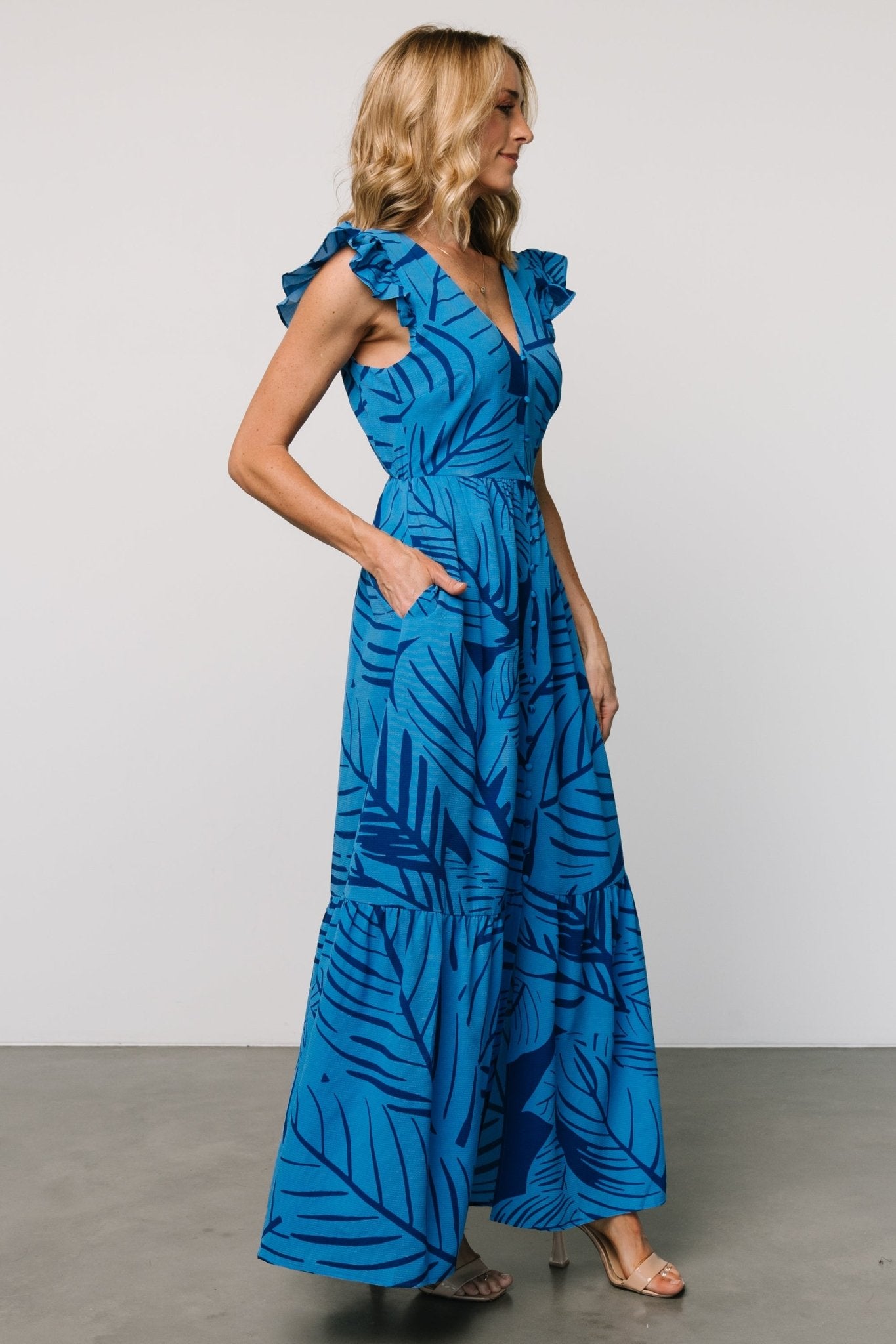 Flowy Button Maxi Dress with Pockets | Blue Botanical Print
