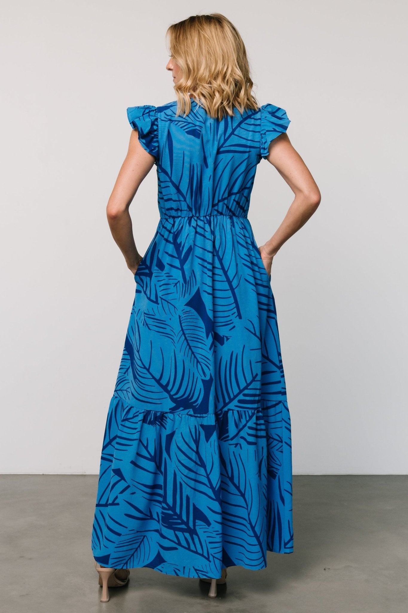 Flowy Button Maxi Dress with Pockets | Blue Botanical Print