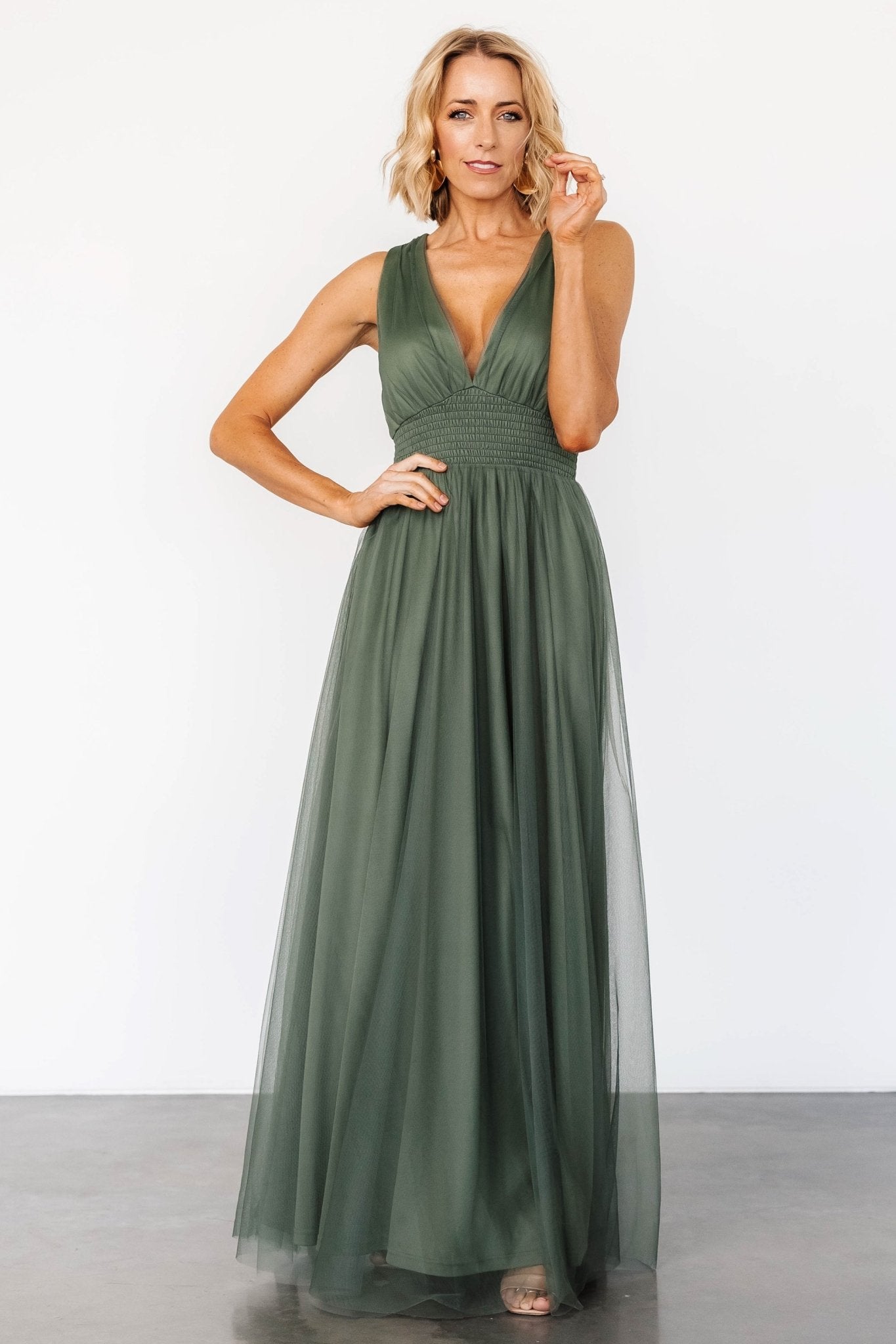 Dark Sage Tulle Maxi Dress with Smocked Waist & V-Neck | Kamila