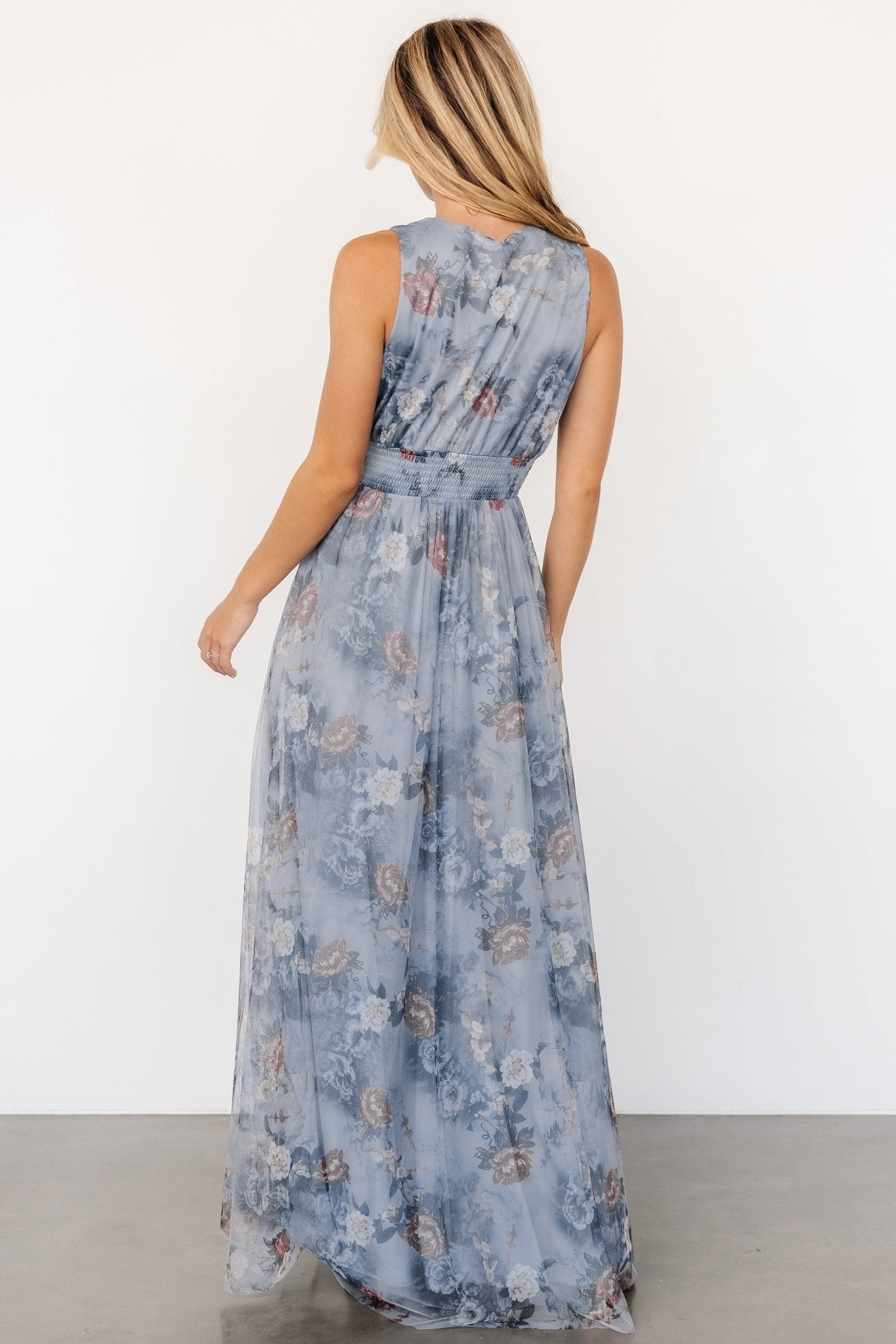 Dusty Blue Floral Tulle Maxi Dress with Smocked Waist | Kamila