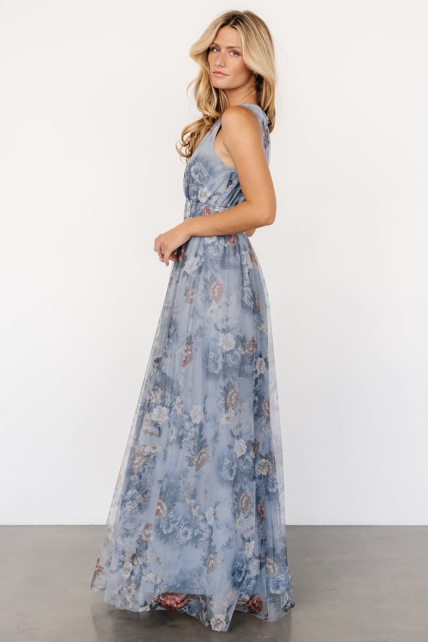 Dusty Blue Floral Tulle Maxi Dress with Smocked Waist | Kamila