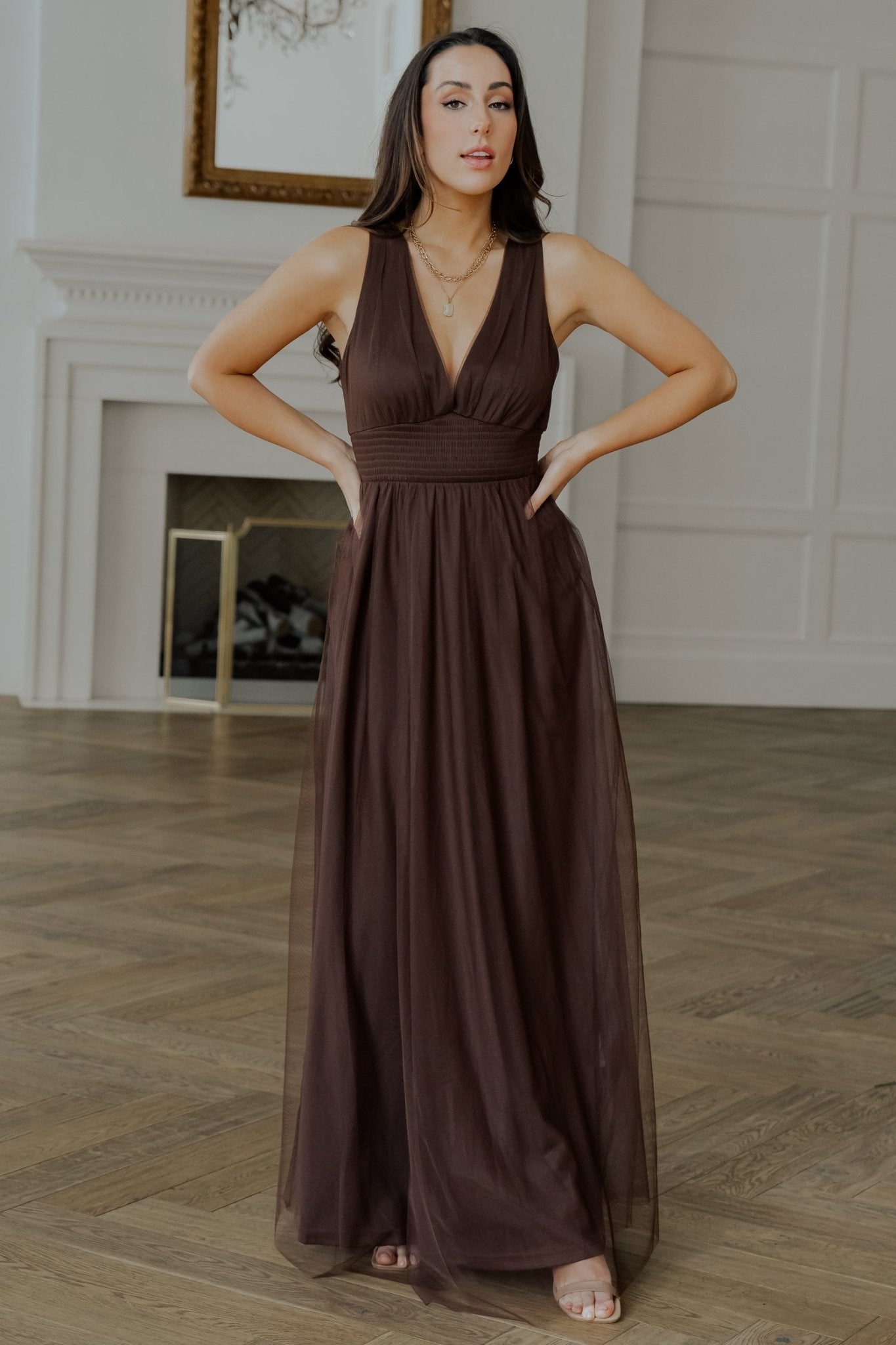 Tulle Maxi Dress with Smocked Waist & Deep V-Neck | Baltic Born