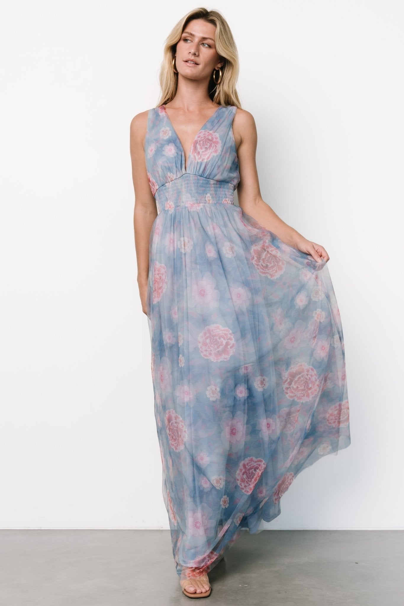 Light Blue Tulle Maxi Dress with Pink Floral | Baltic Born
