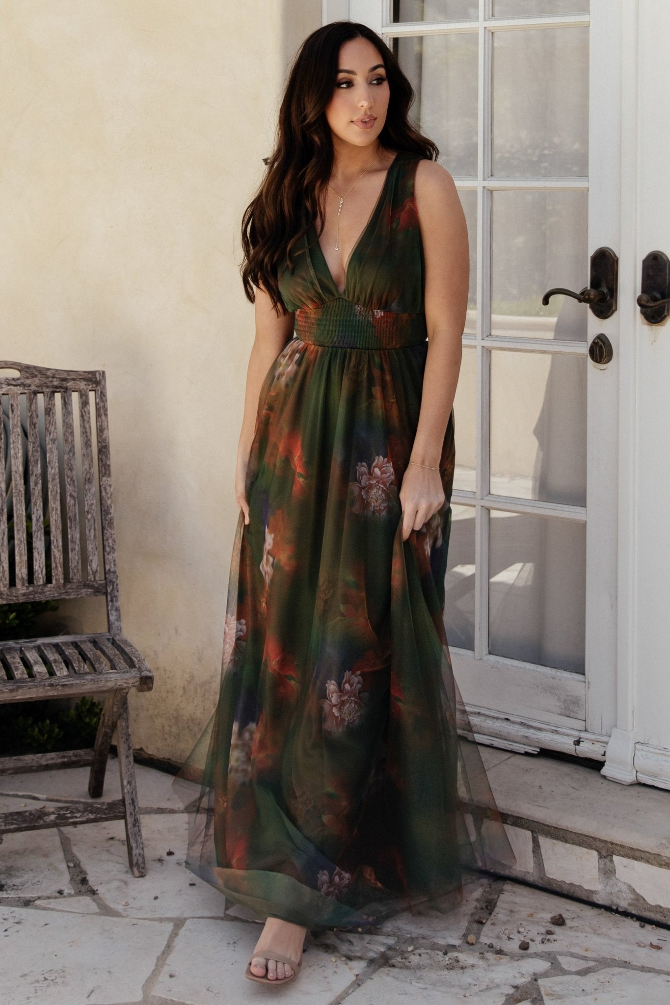Floral Tulle Maxi Dress with Smocked Waist & V-Neck | Kamila