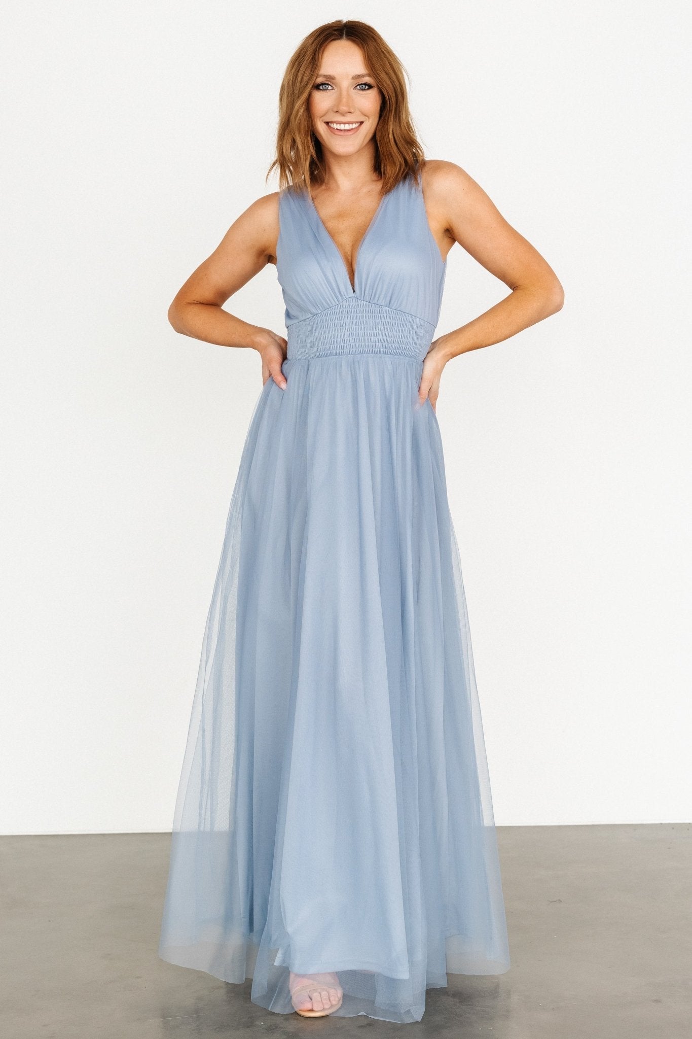 Whisper Blue Tulle Maxi Dress with Smocked Waist | Baltic Born