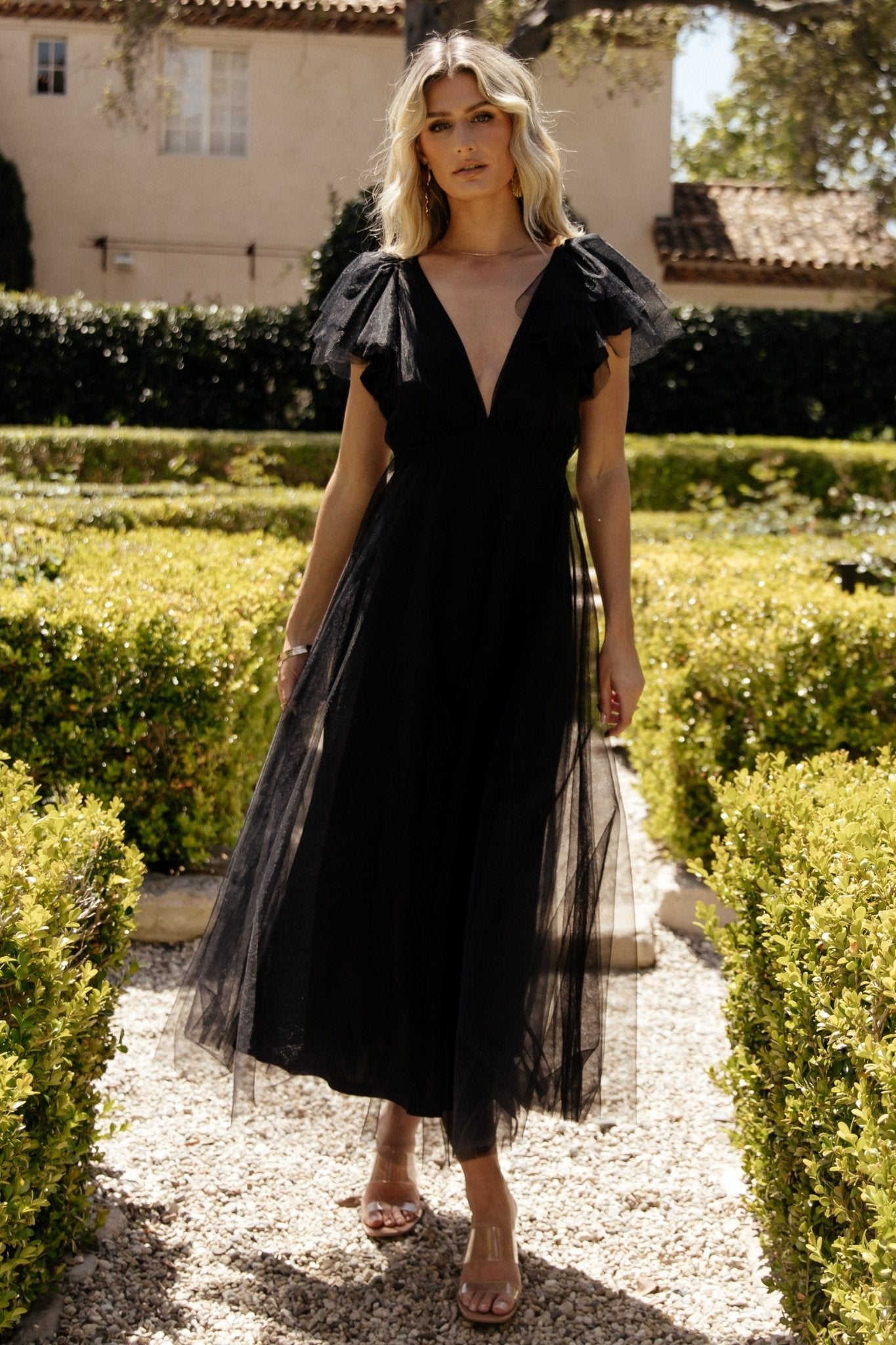 Black Tulle Dress with V-Neck & Open Back | Annabella