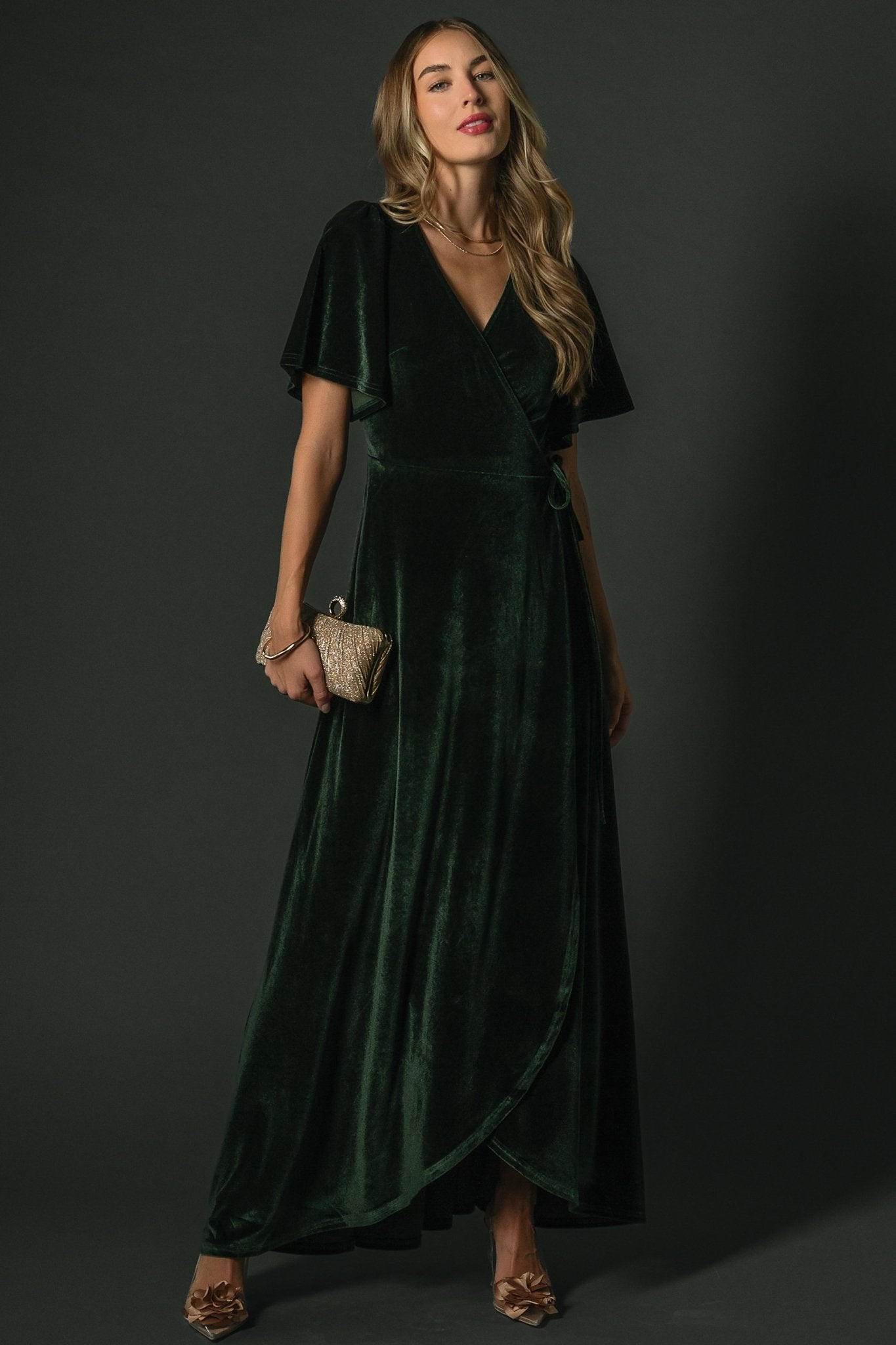 Deep Green Velvet Wrap Maxi Dress with Flutter Sleeves | Baltic Born