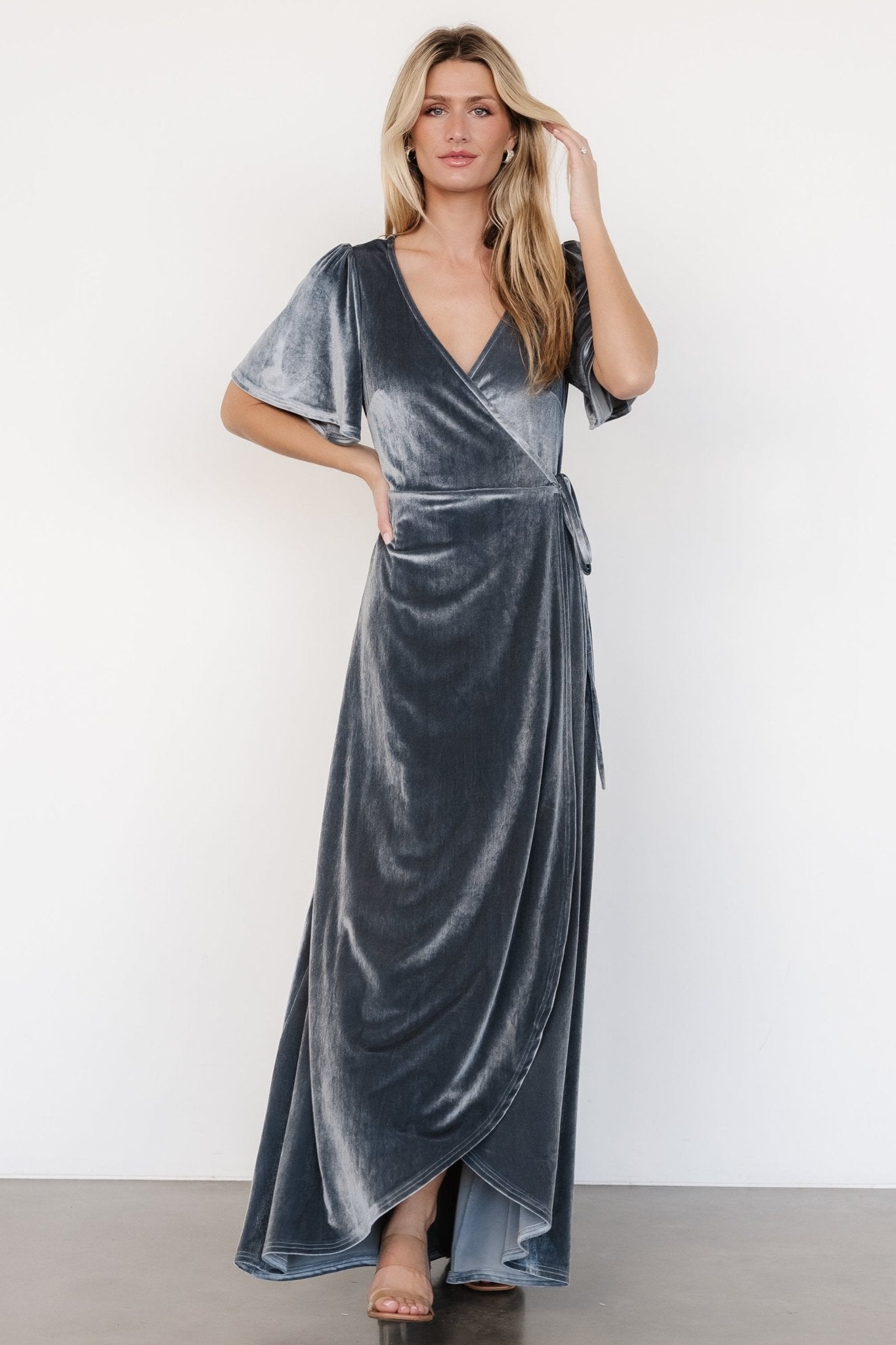 Velvet Maxi Wrap Dress with Flutter Sleeves | Dusty Blue
