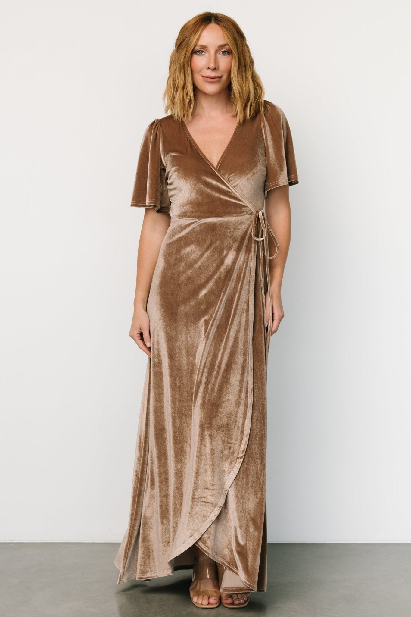 Velvet Maxi Wrap Dress with Flutter Sleeves | Katelyn Taupe