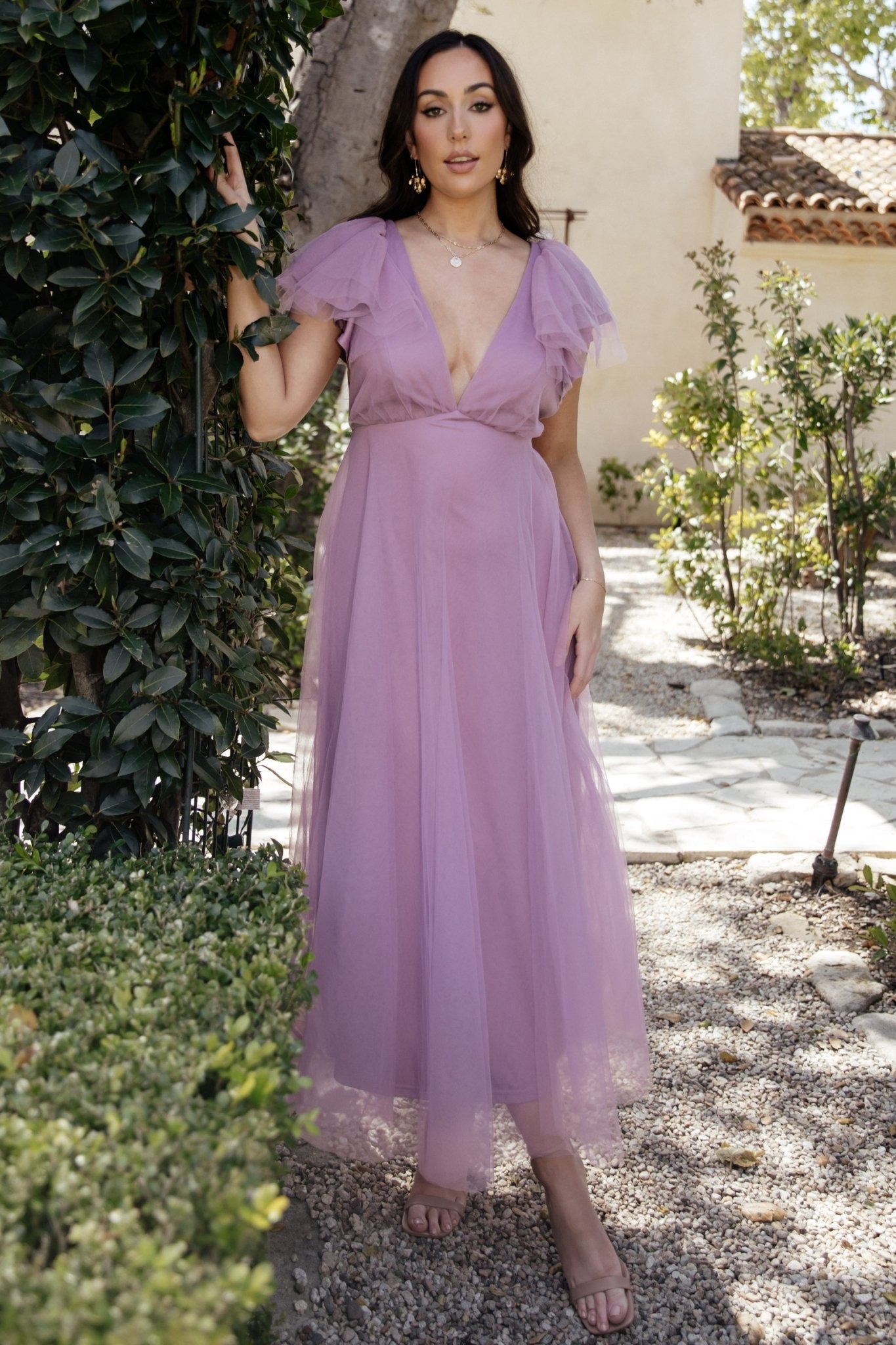 Lavender Tulle Dress with V-Neck & Open Back | Annabella
