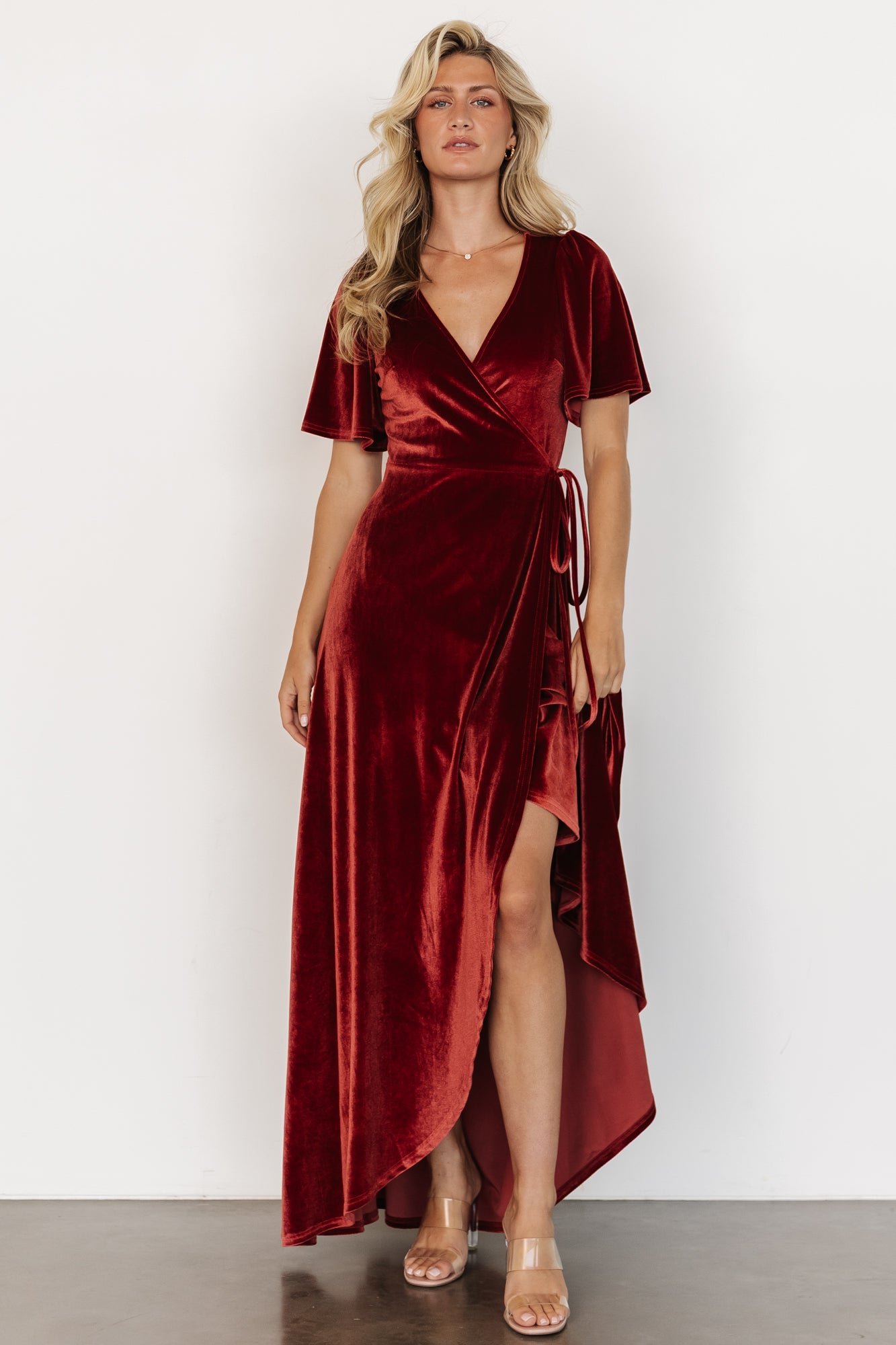 Velvet Wrap Maxi Dress with Flutter Sleeves | Katelyn Terracotta