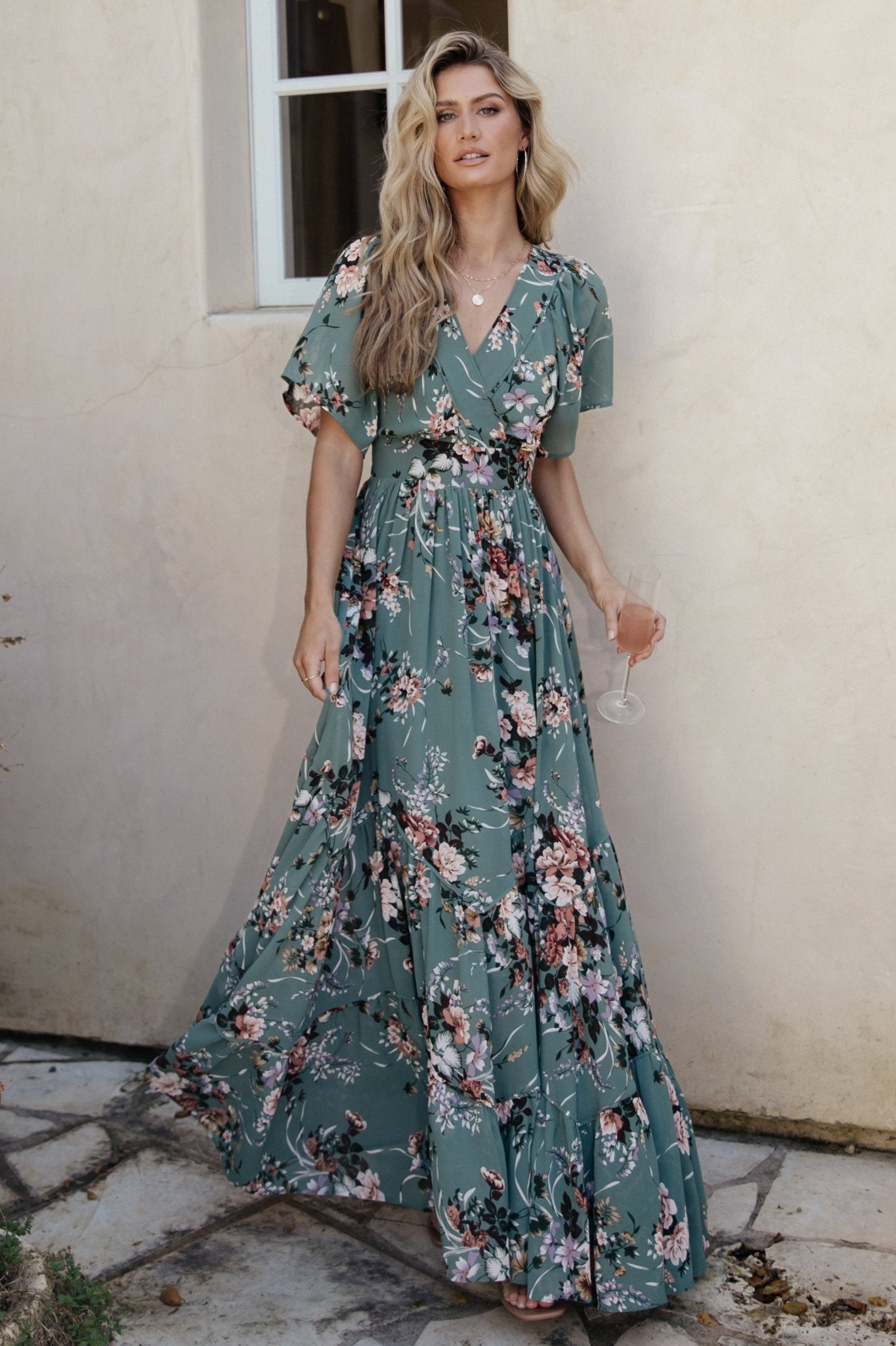 Dusty Green Floral Maxi Dress with Surplice Neckline | Baltic Born