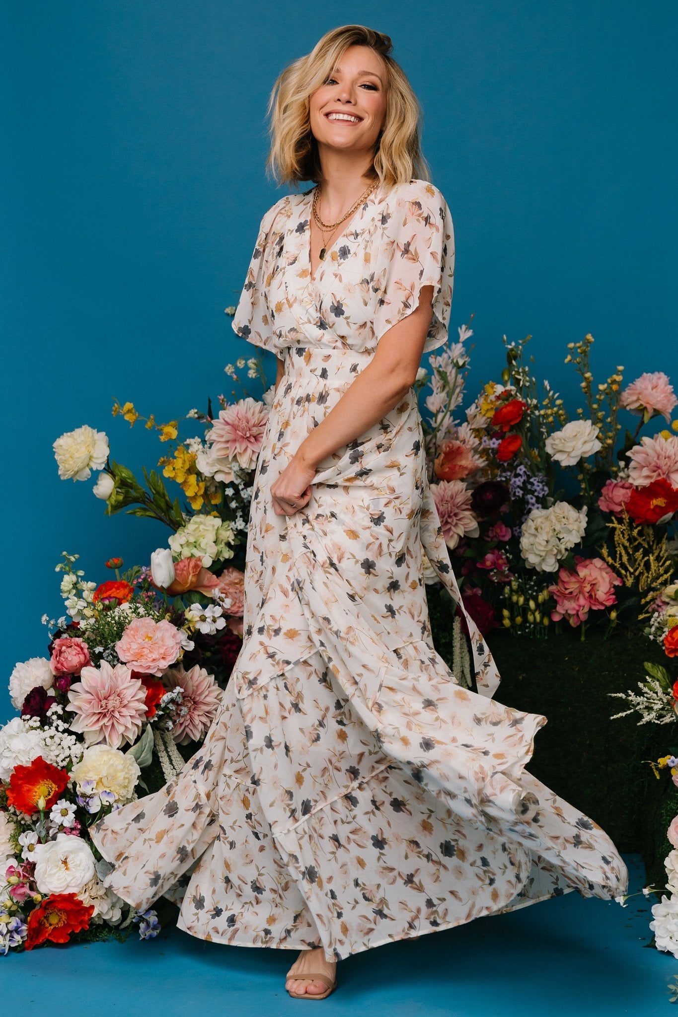Floral Chiffon Maxi Dress with Surplice Neckline & Flutter Sleeves | Baltic Born