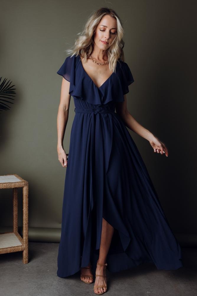Navy Blue Chiffon Maxi Dress with Ruffles & V-Neck | Katya