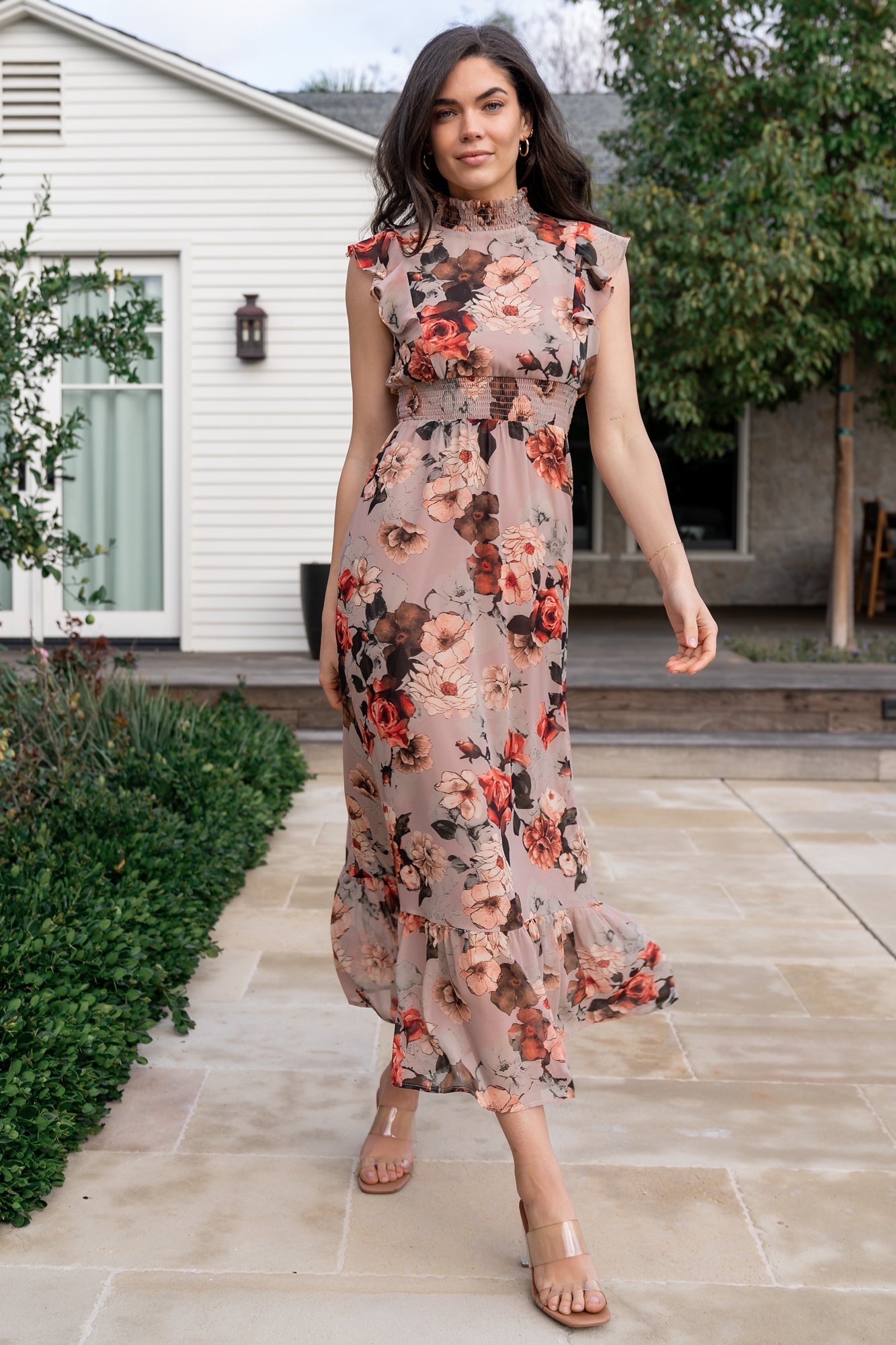 Blush Floral Maxi Dress with Smocked Waist & Flutter Sleeves | Baltic Born
