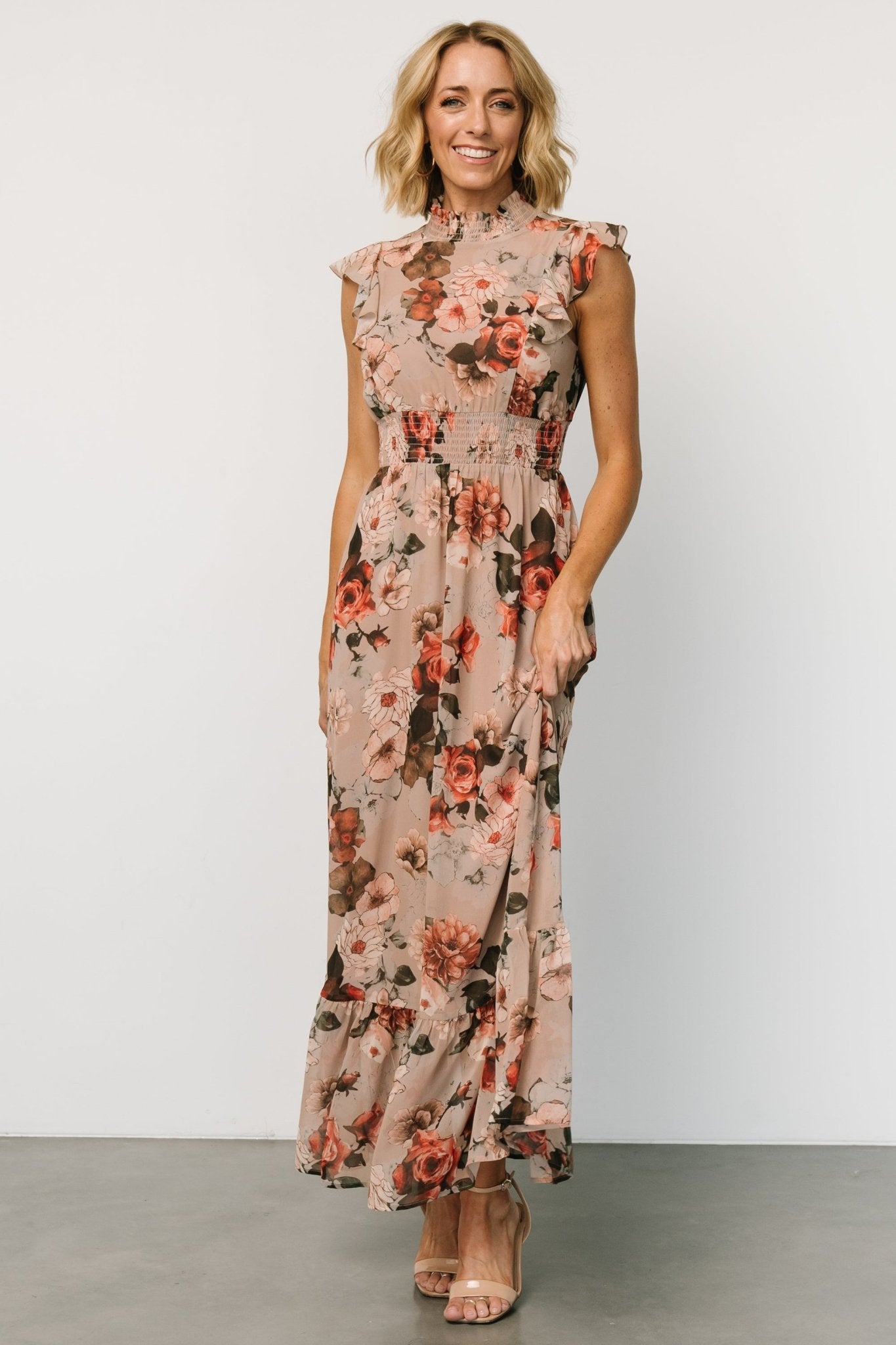 Blush Floral Maxi Dress with Smocked Waist & Flutter Sleeves | Baltic Born