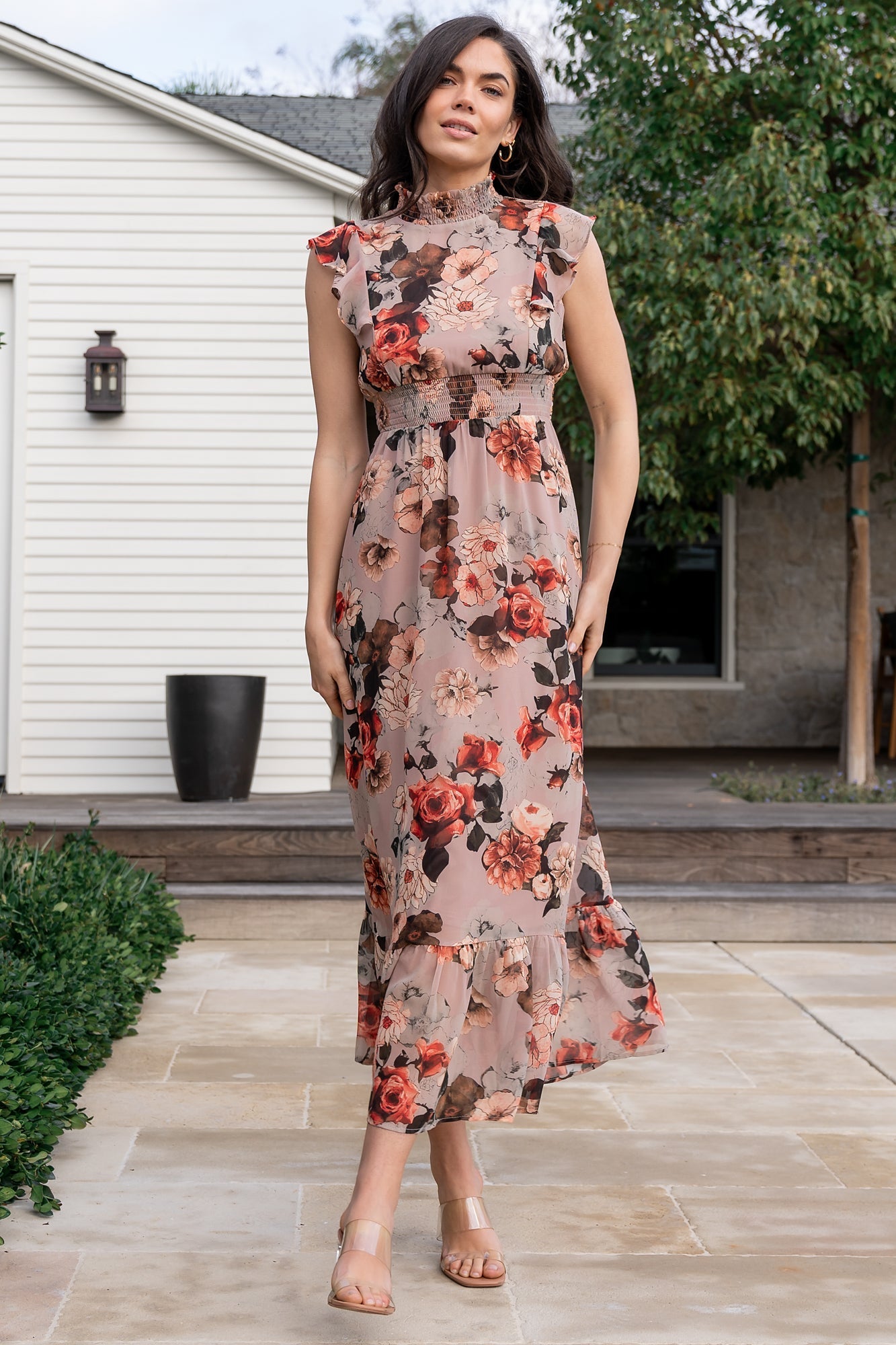 Blush Floral Maxi Dress with Smocked Waist & Flutter Sleeves | Baltic Born