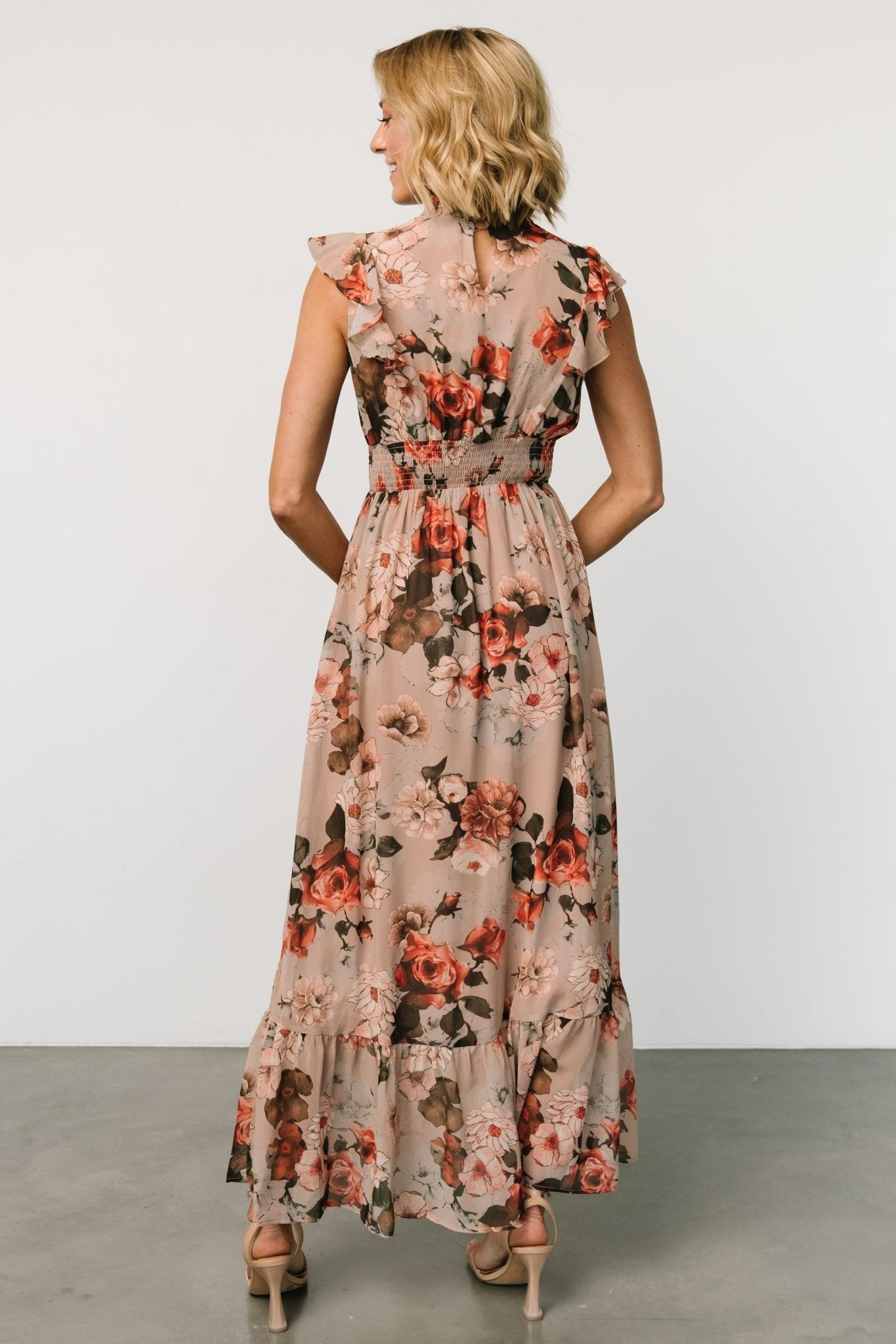 Blush Floral Maxi Dress with Smocked Waist & Flutter Sleeves | Baltic Born