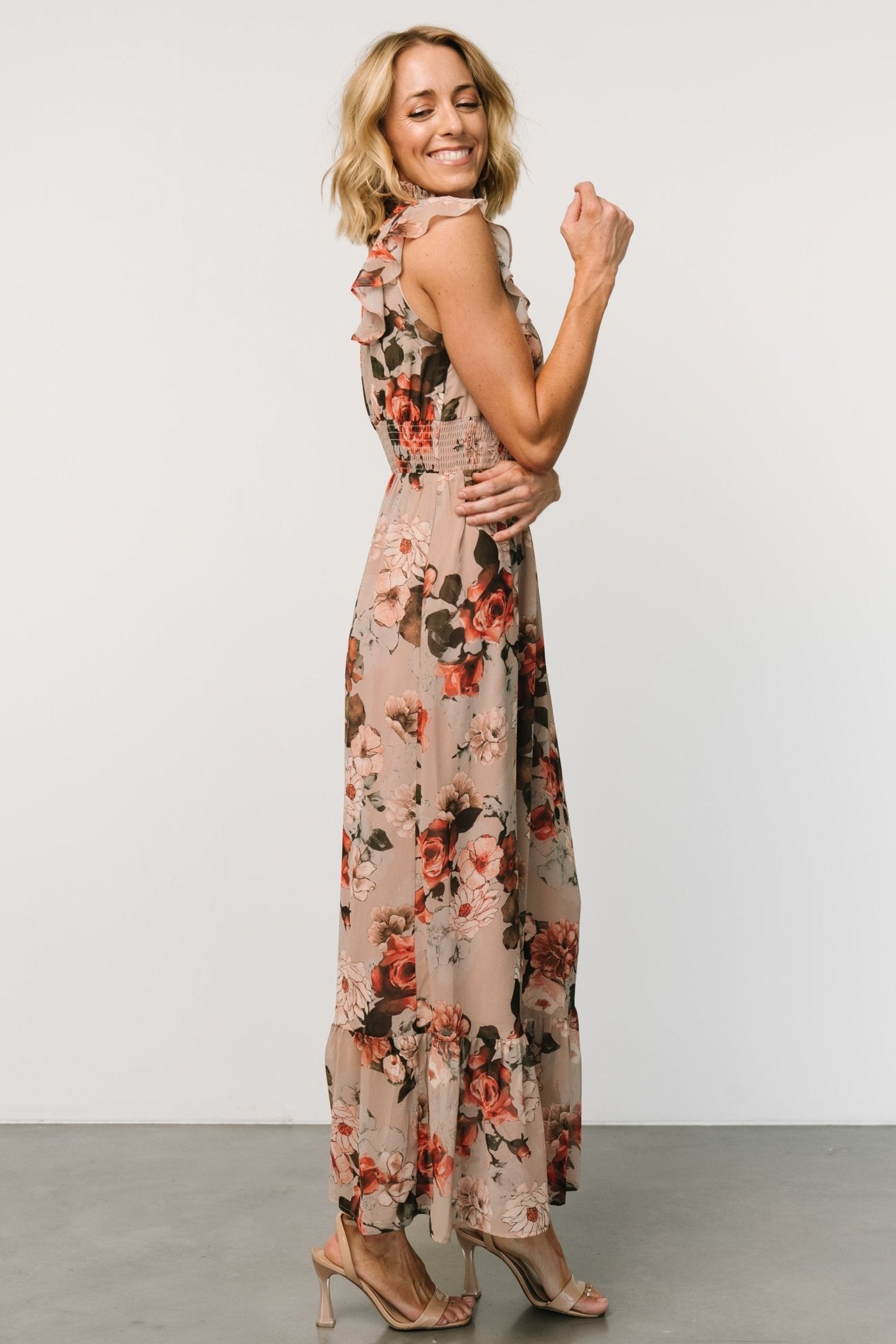 Blush Floral Maxi Dress with Smocked Waist & Flutter Sleeves | Baltic Born