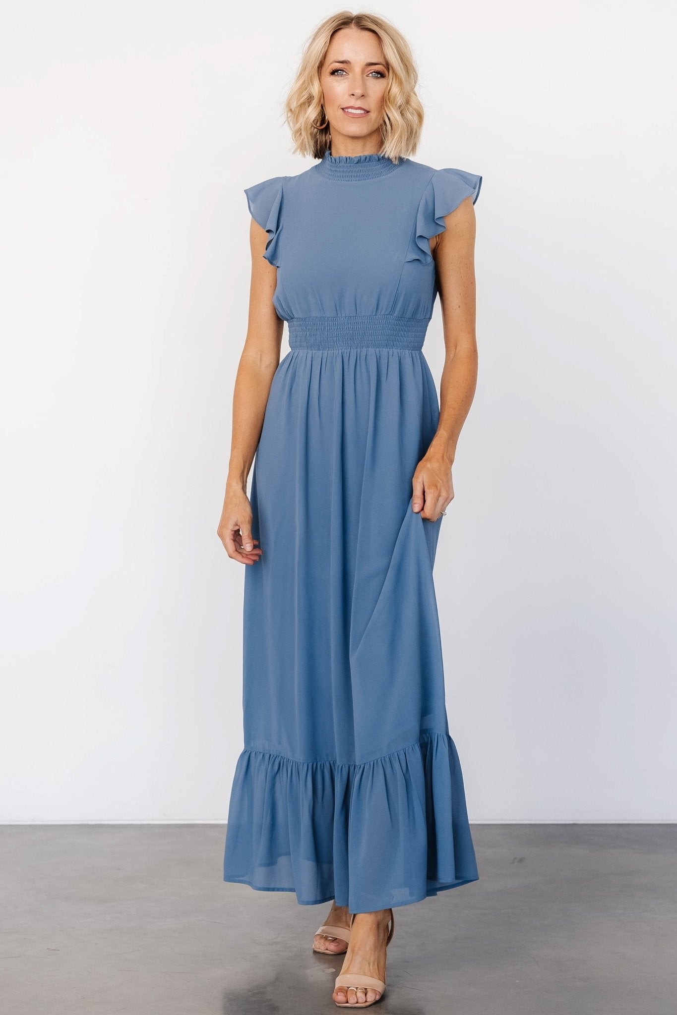 Whisper Blue Ruffle Maxi Dress with Smocked Waist | Baltic Born
