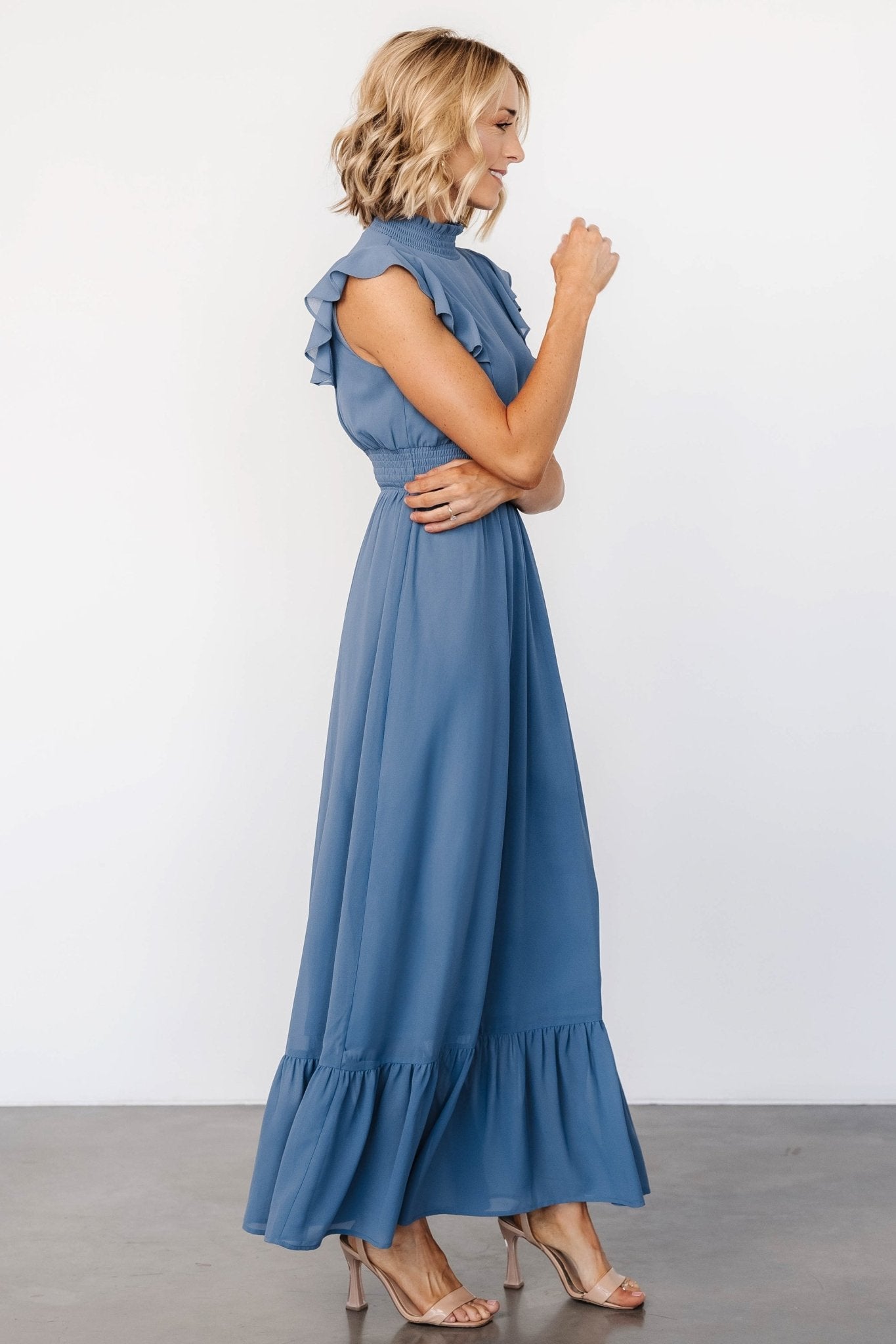 Whisper Blue Ruffle Maxi Dress with Smocked Waist | Baltic Born