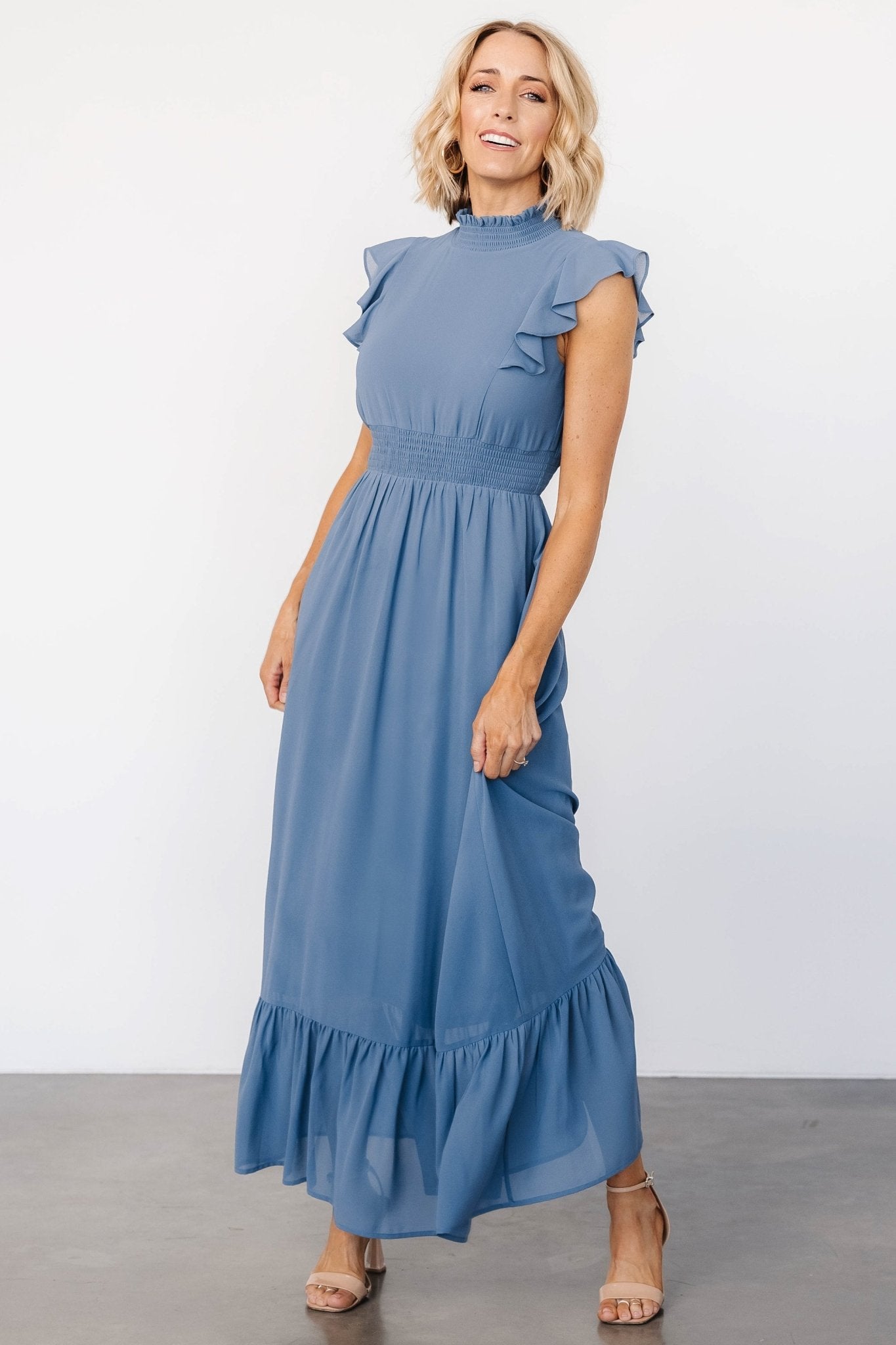 Whisper Blue Ruffle Maxi Dress with Smocked Waist | Baltic Born