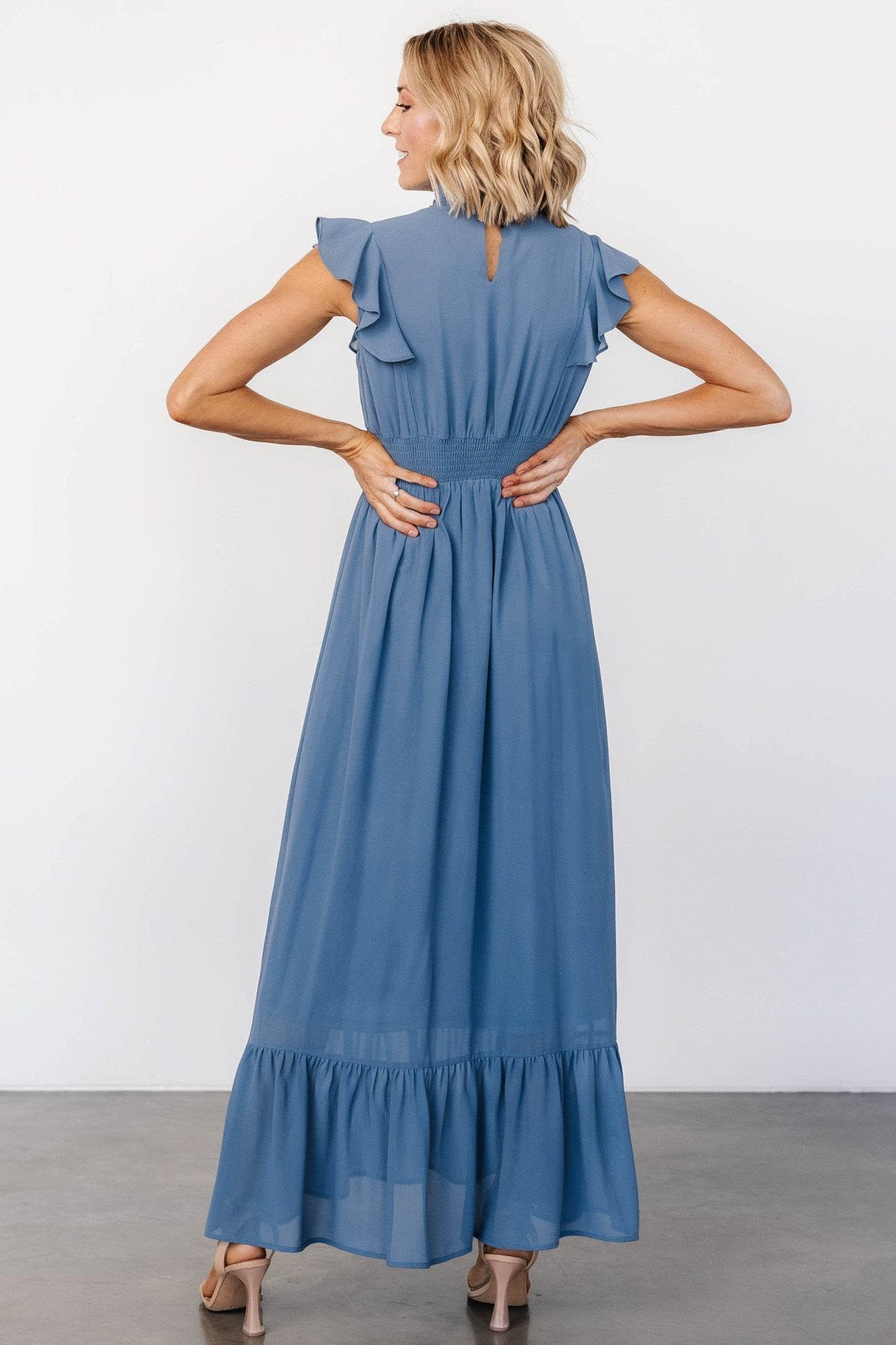 Whisper Blue Ruffle Maxi Dress with Smocked Waist | Baltic Born