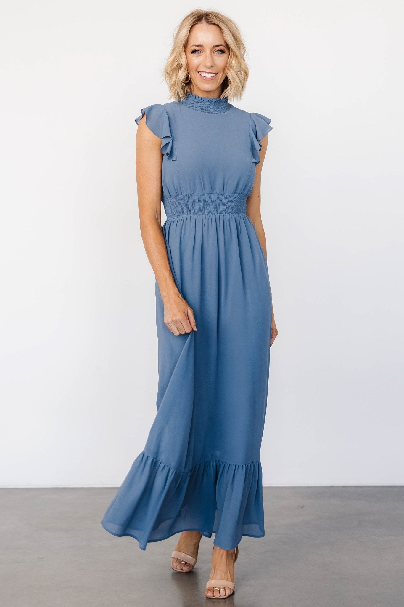 Whisper Blue Ruffle Maxi Dress with Smocked Waist | Baltic Born