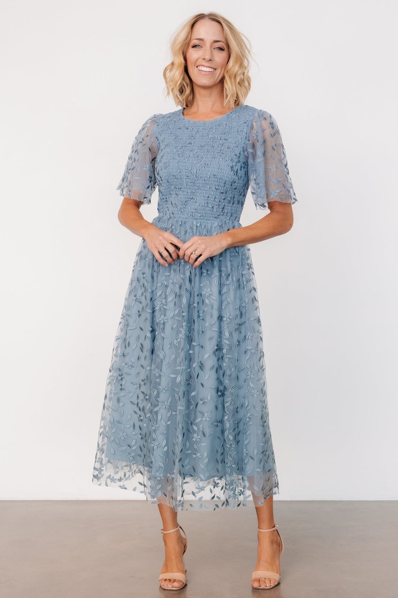 Floral Embroidered Tulle Dress | Dusty Blue Midi with Smocked Bodice | Baltic Born