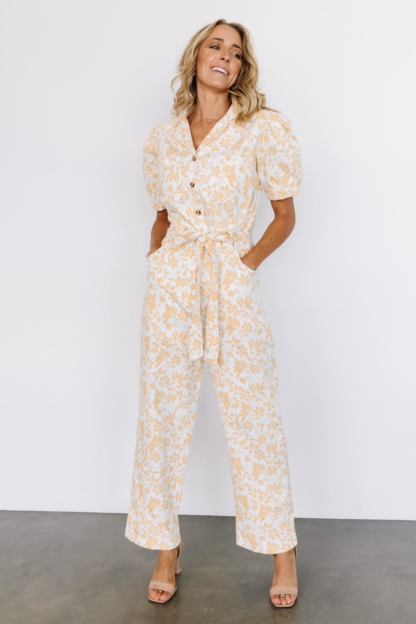 White Floral Linen Jumpsuit with Puff Sleeves & Pockets | Baltic Born