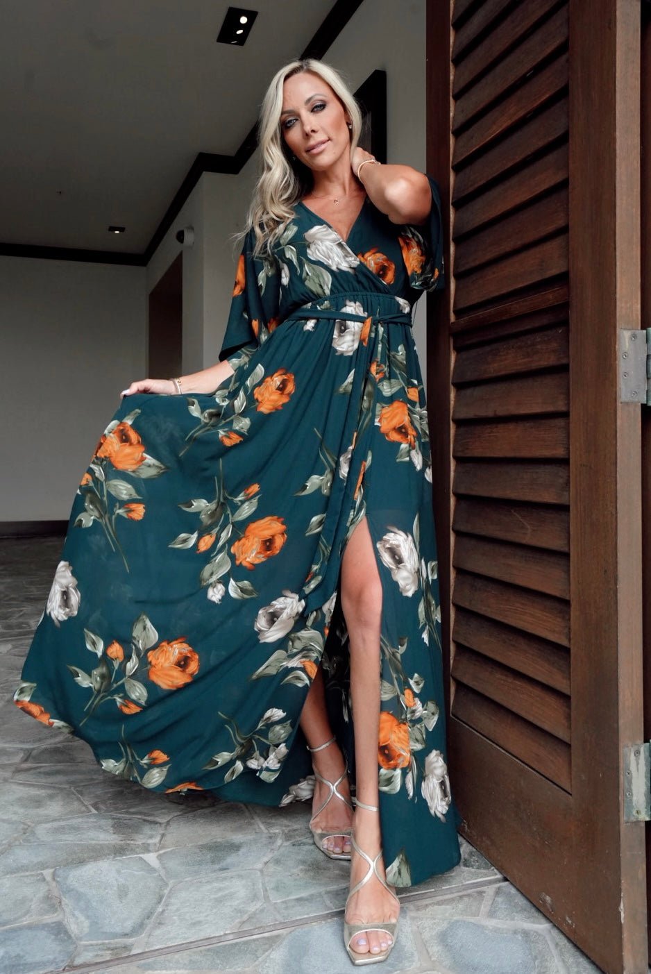 Floral Kimono Maxi Dress with Elastic Waist & Slit | Baltic Born