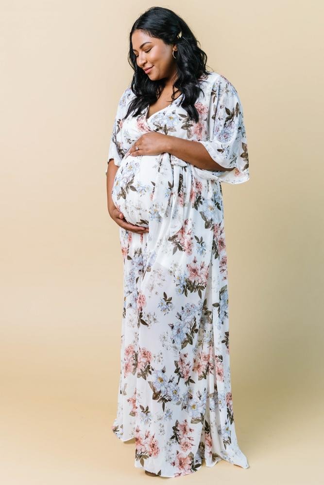 Floral Maxi Dress with Kimono Sleeves & Elastic Waist | Kia Kimono