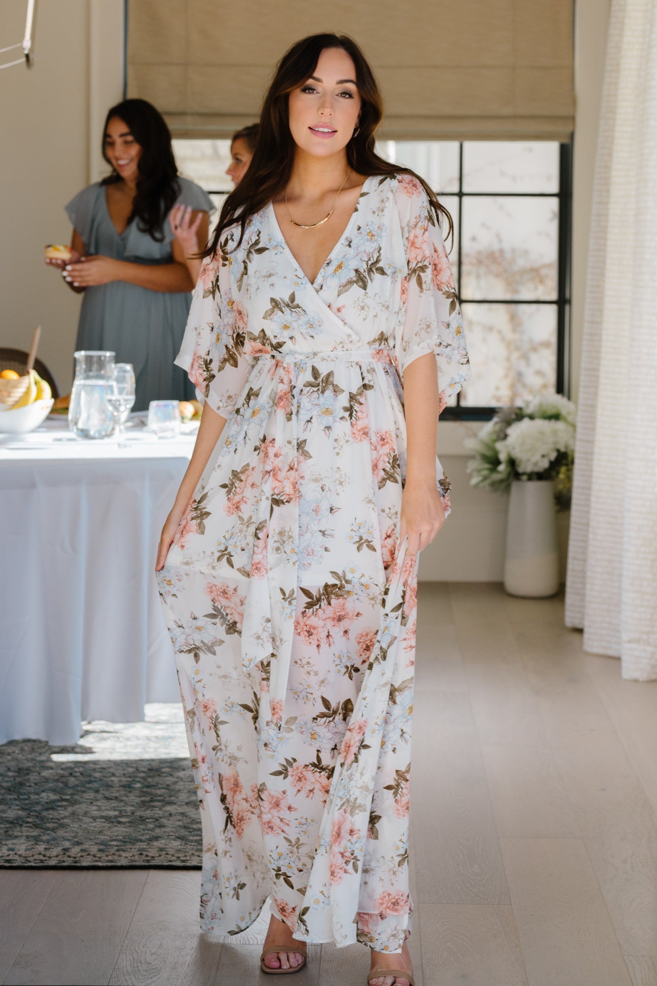 Floral Maxi Dress with Kimono Sleeves & Elastic Waist | Kia Kimono