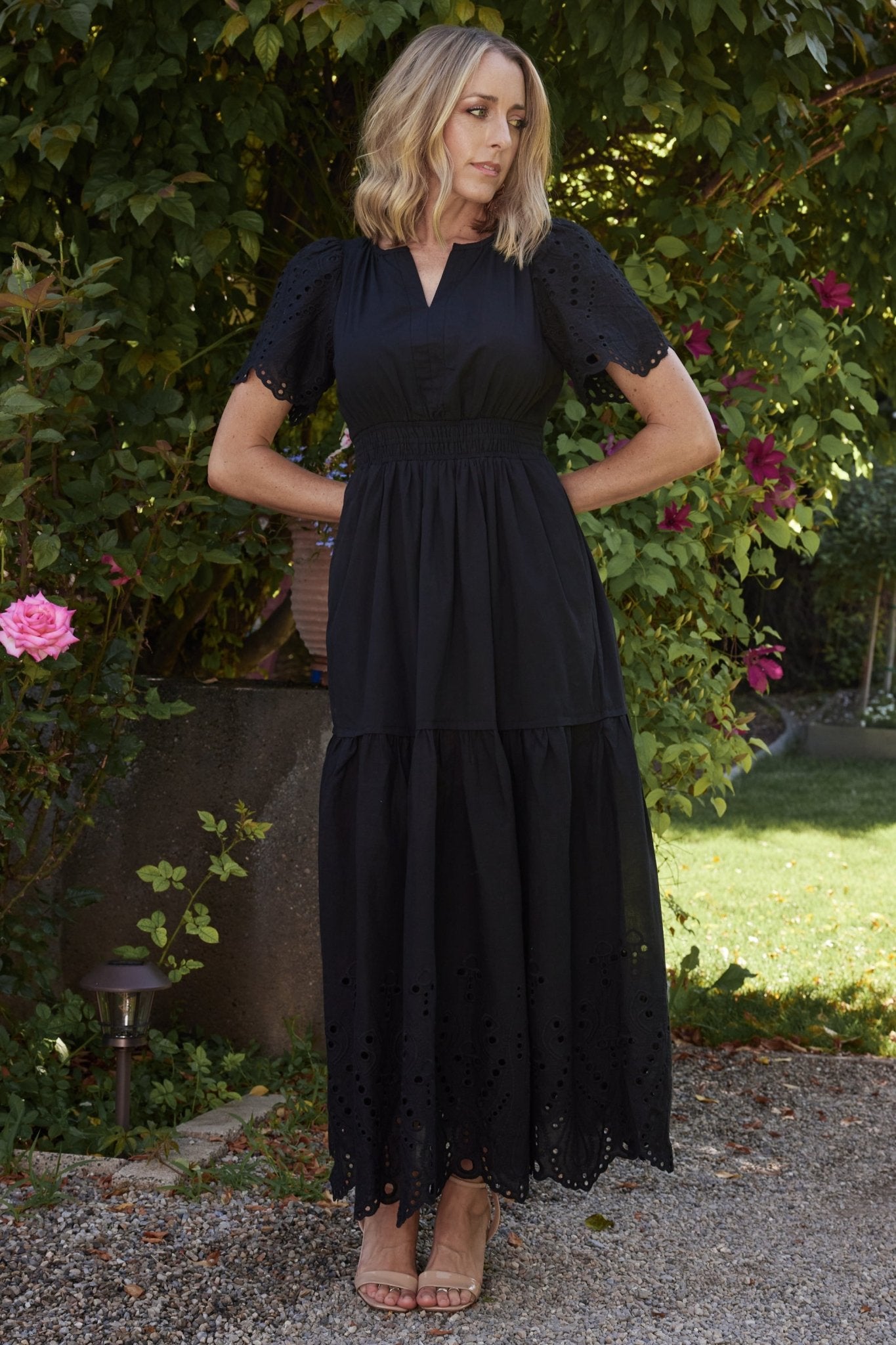 Black Eyelet Maxi Dress with Smocked Waist & Flutter Sleeves | Baltic Born