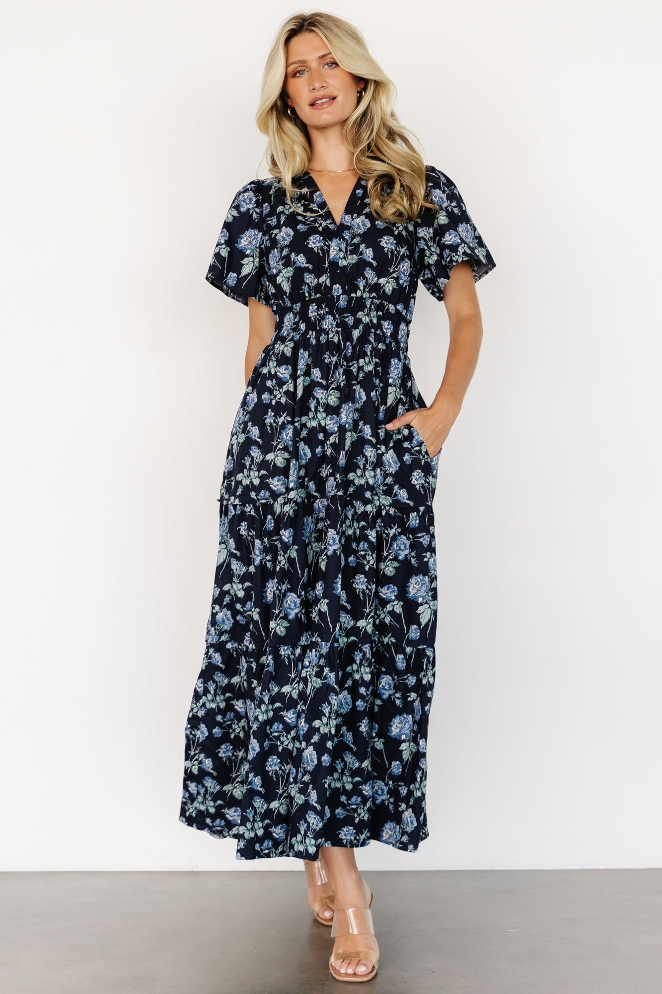 Navy Floral Cotton Maxi Dress with Pockets | Baltic Born