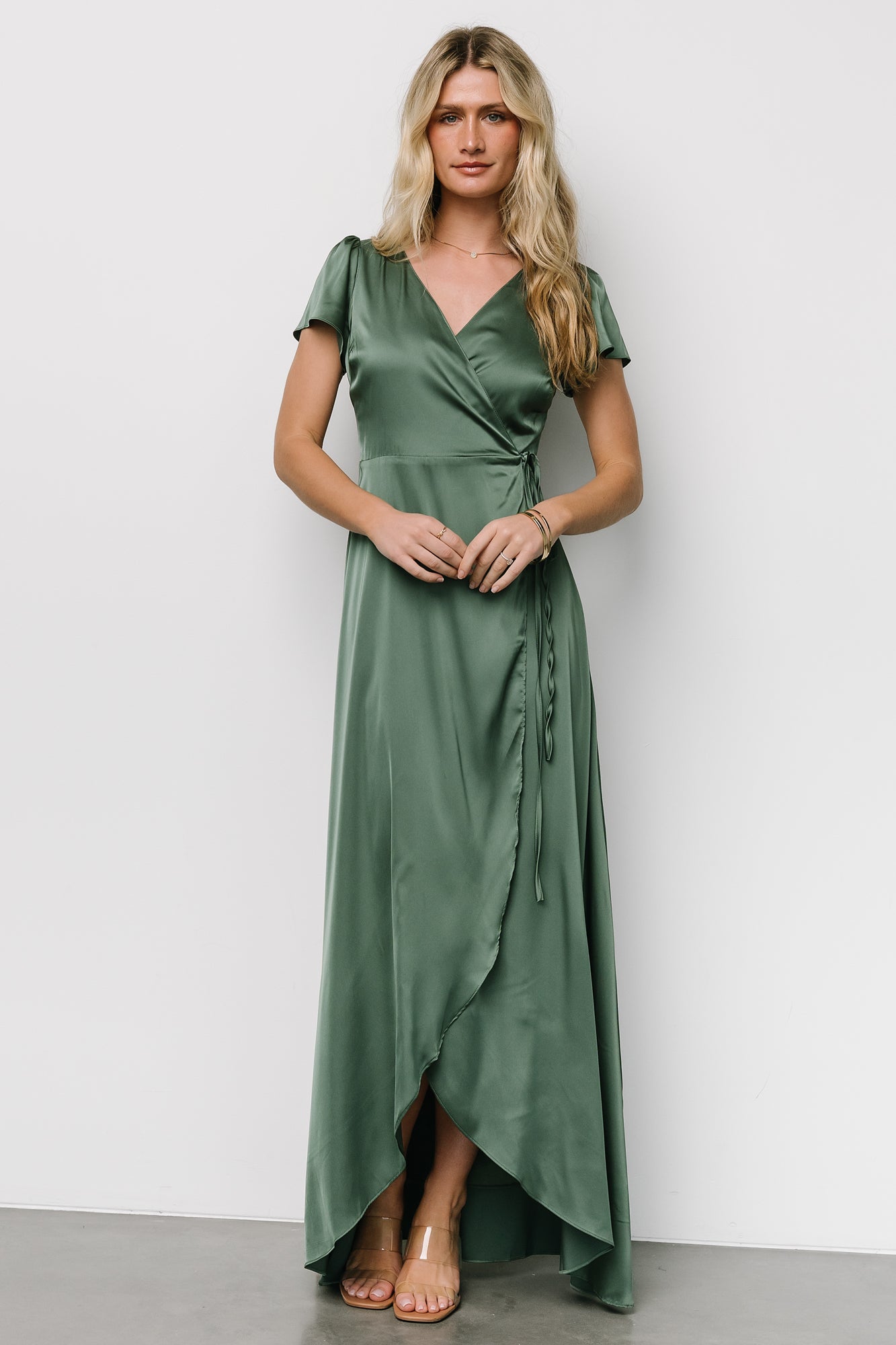Winter Green Satin Wrap Gown with Flutter Sleeves | Baltic Born