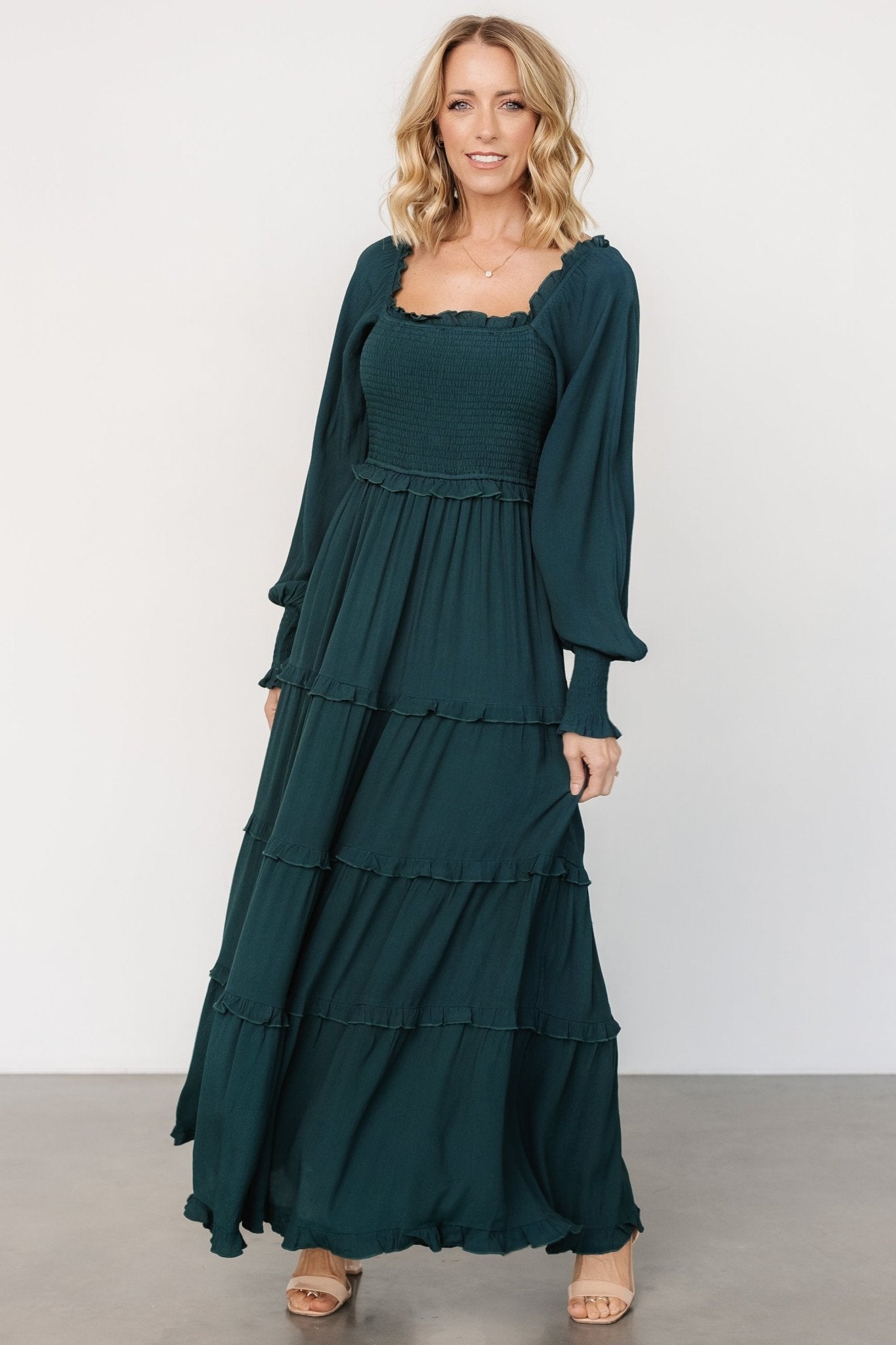 Dark Green Smocked Maxi Dress with Ruffles & Long Sleeves | Lana