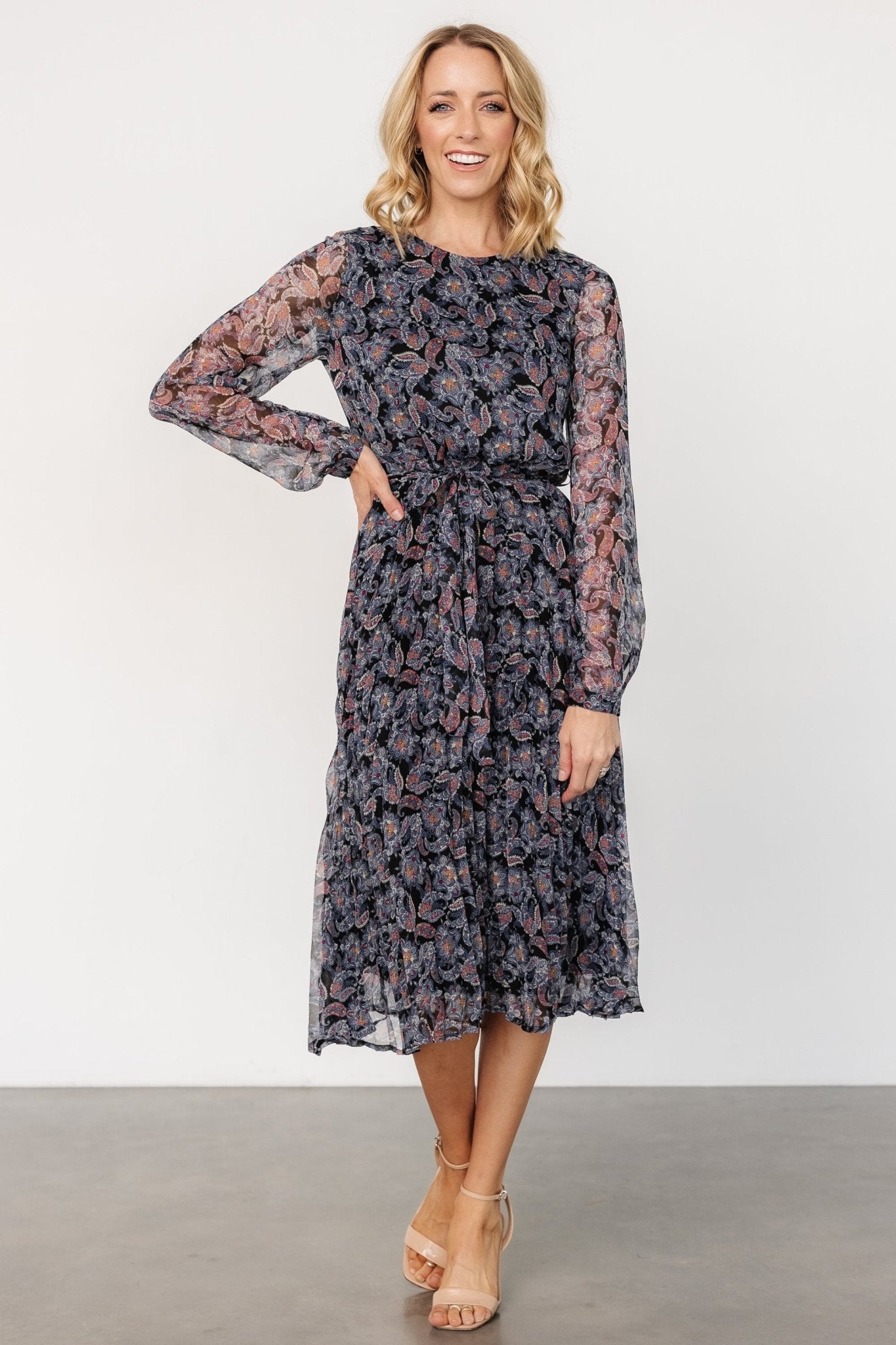 Black Paisley Print Midi Dress with Keyhole Back | Laurie