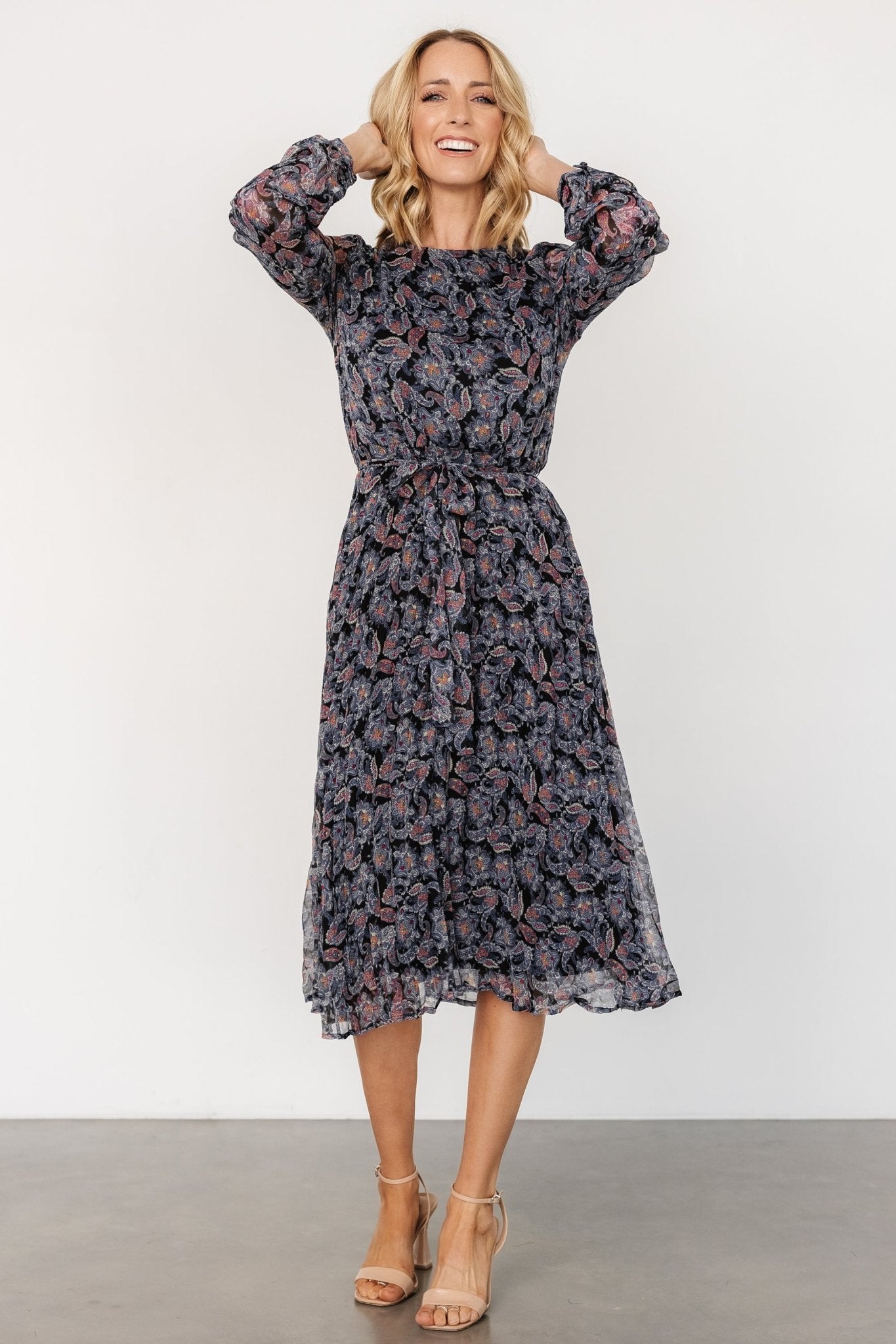 Black Paisley Print Midi Dress with Keyhole Back | Laurie