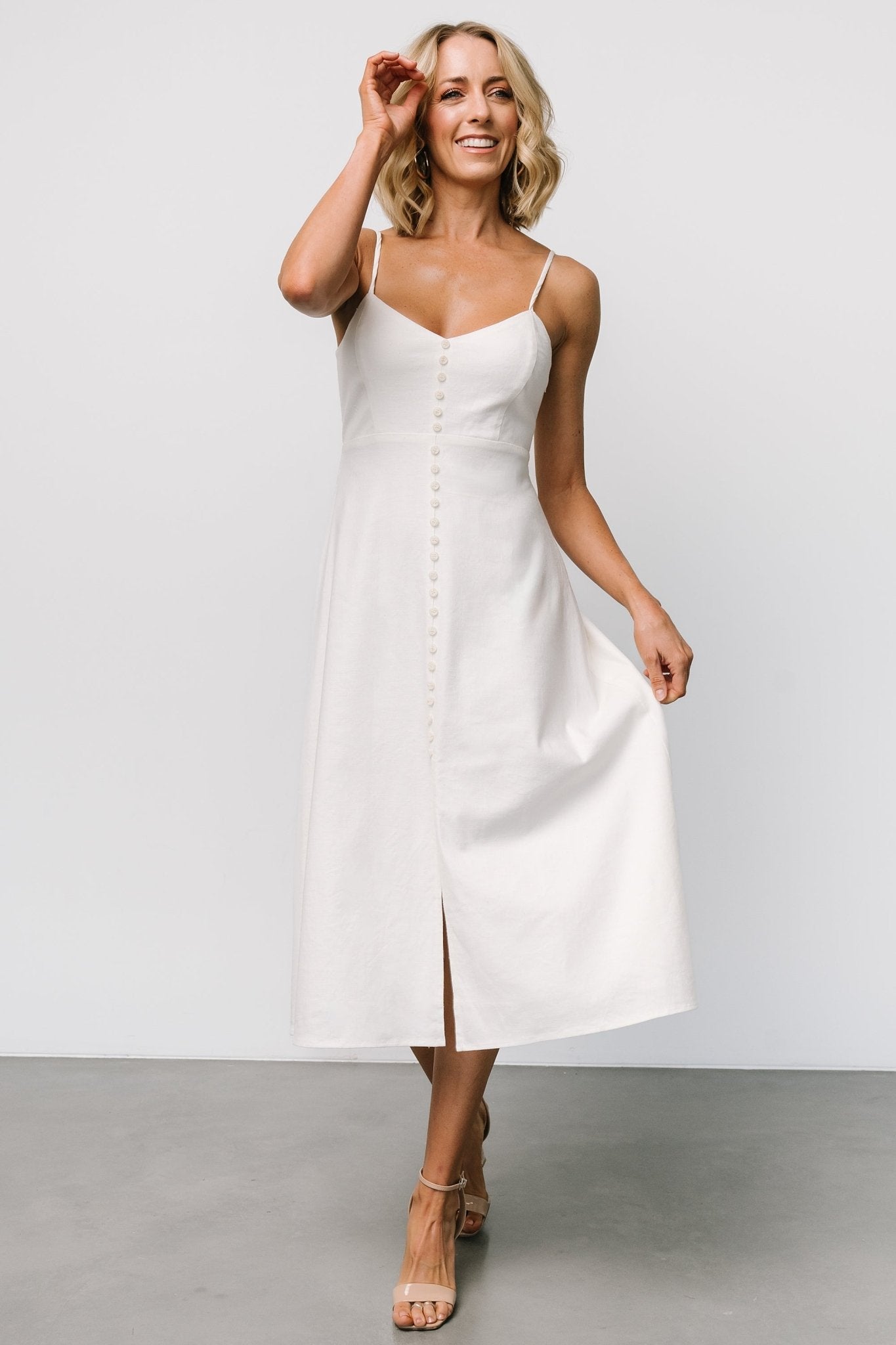 V-Neck Button Front Dress in Ivory | Cotton Linen Smocked Back