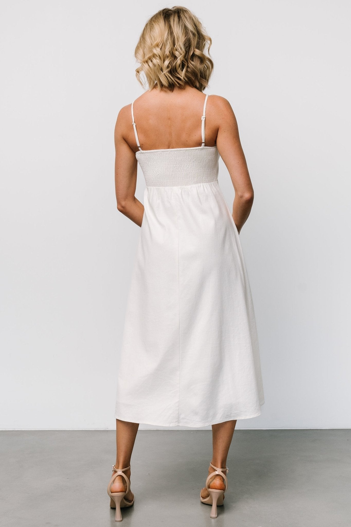V-Neck Button Front Dress in Ivory | Cotton Linen Smocked Back