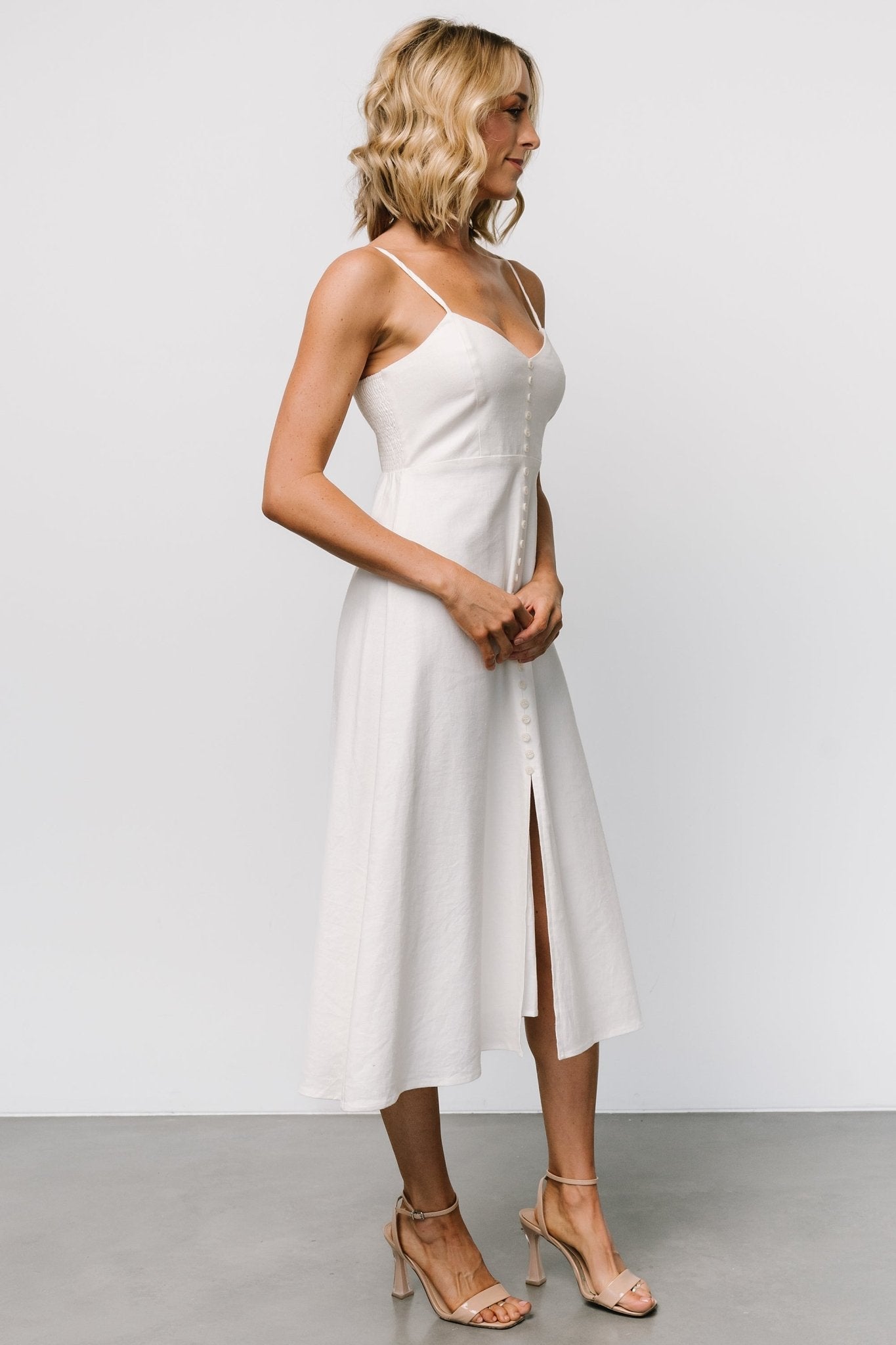 V-Neck Button Front Dress in Ivory | Cotton Linen Smocked Back
