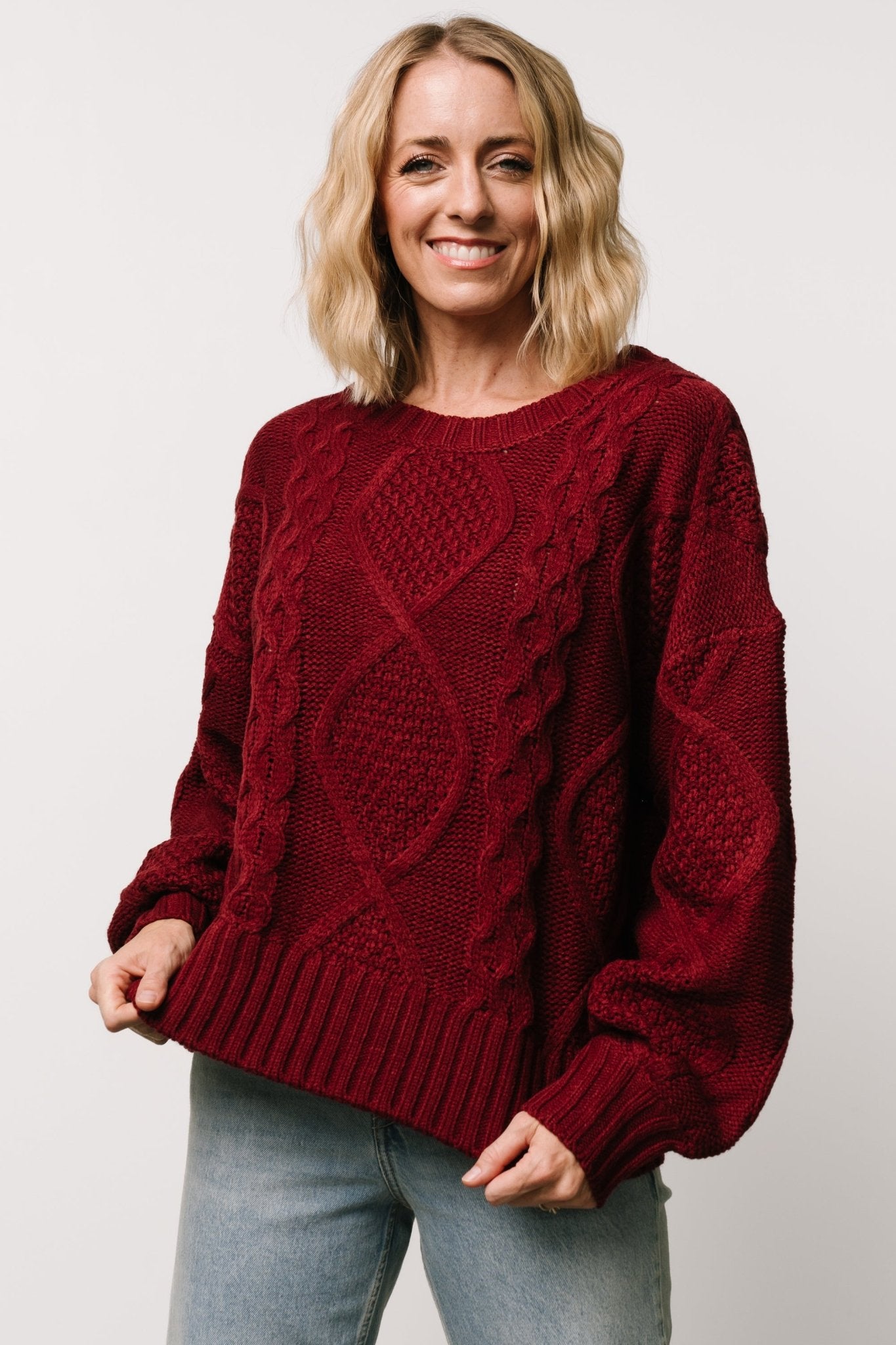 Oversized Cable Knit Sweater in Wine | Soft & Stretchy | Anthony